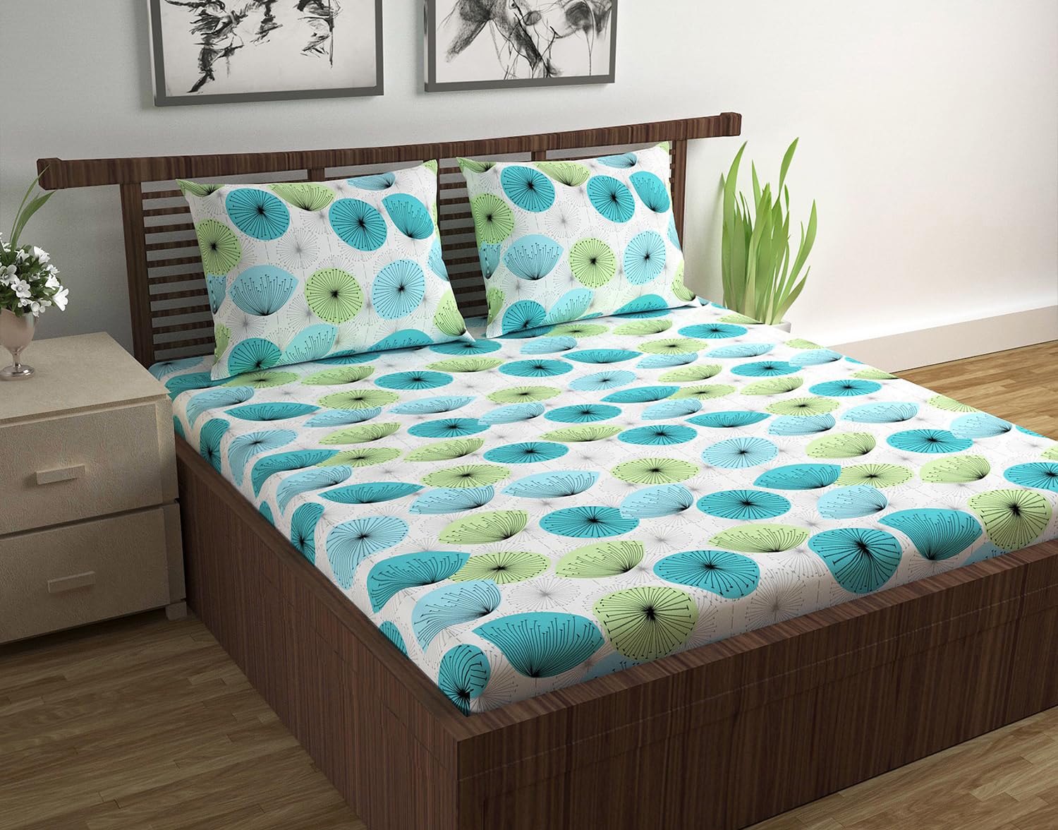 Divine Casa Floret 100% Cotton King Fitted Bedsheet | 144 TC | Deep Pocket Design | Soft & Breathable Fabric | Durable & Easy Care | 200 x 185 + 25 CM, Wildflower Charm