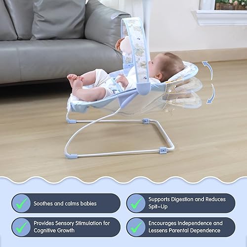 Miniatura 4 de Asiento portátil para bebé con 8 melodías, 3 niveles de vibración y volumen ajustable, balancín plegable con arnés de seguridad para bebés de 0 a 6