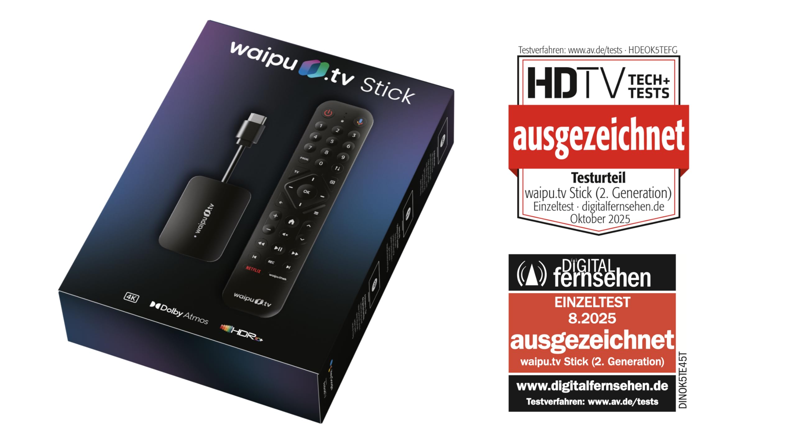 waipu.tv Stick 2. Generation Fernbedienung mit Beleuchtung Fernsehen WLAN LAN HDMI 4K HDR10+ Dolby Atmos Voucher 3 Monate 300 TV-Sender 40.000 Filme Serien