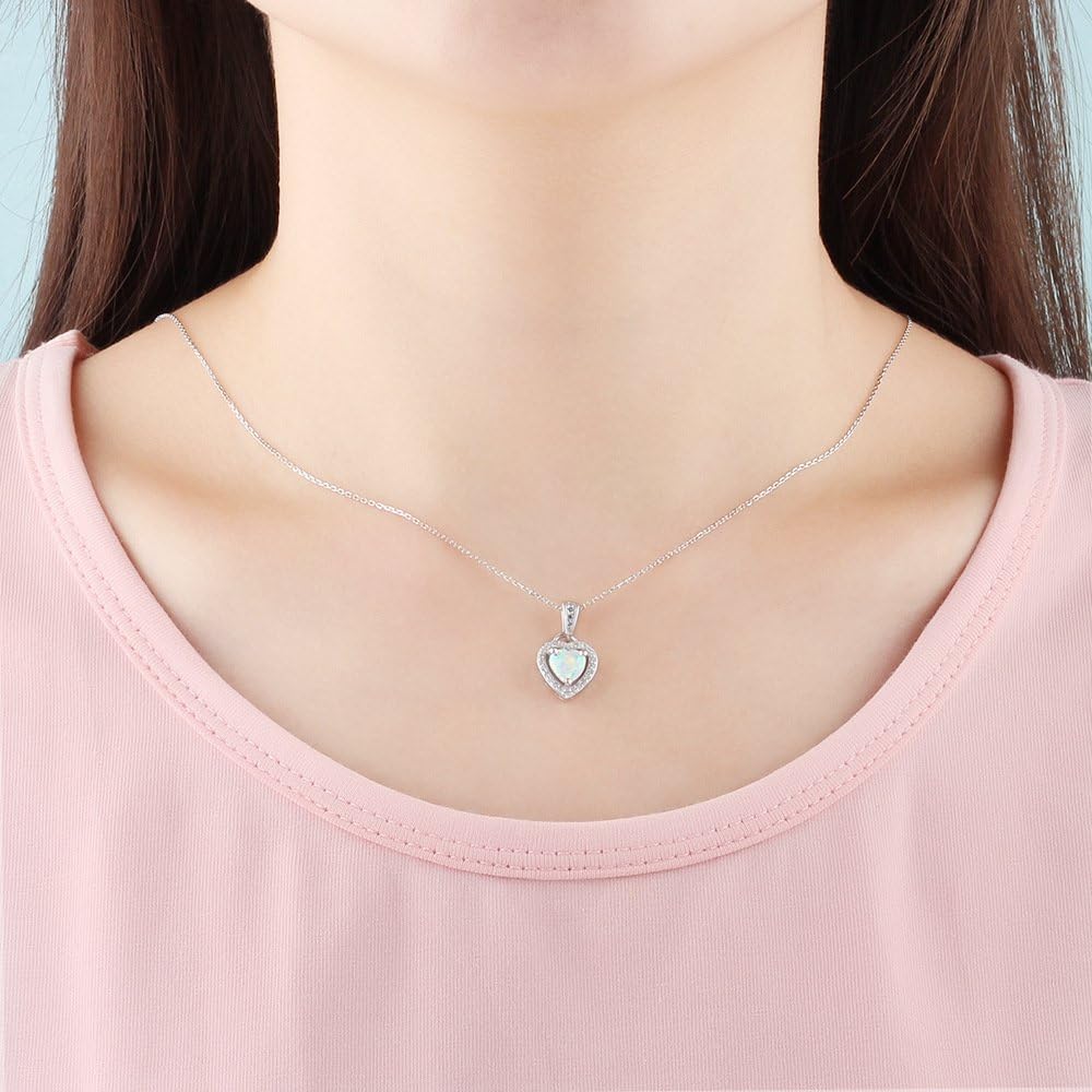 Sterling Silver Heart Shape Created Opal Pendant Necklace (6mm Opal Halo Heart) - Image 2