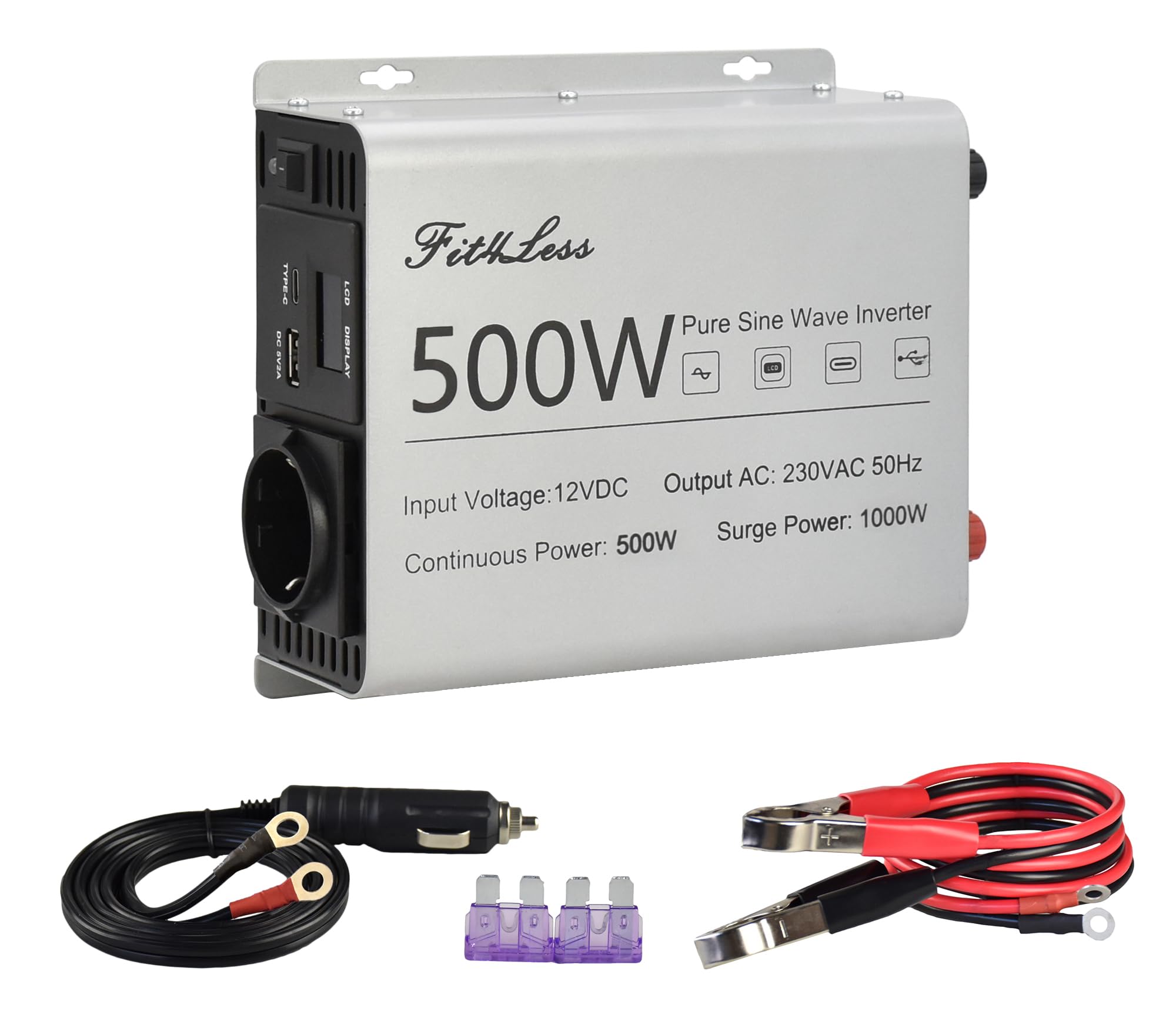 Inversor de onda sinusoidal pura, entrada CC 12 V y salida AC 230 V con pantalla LCD, puerto de salida USB, salida tipo C (500 W)