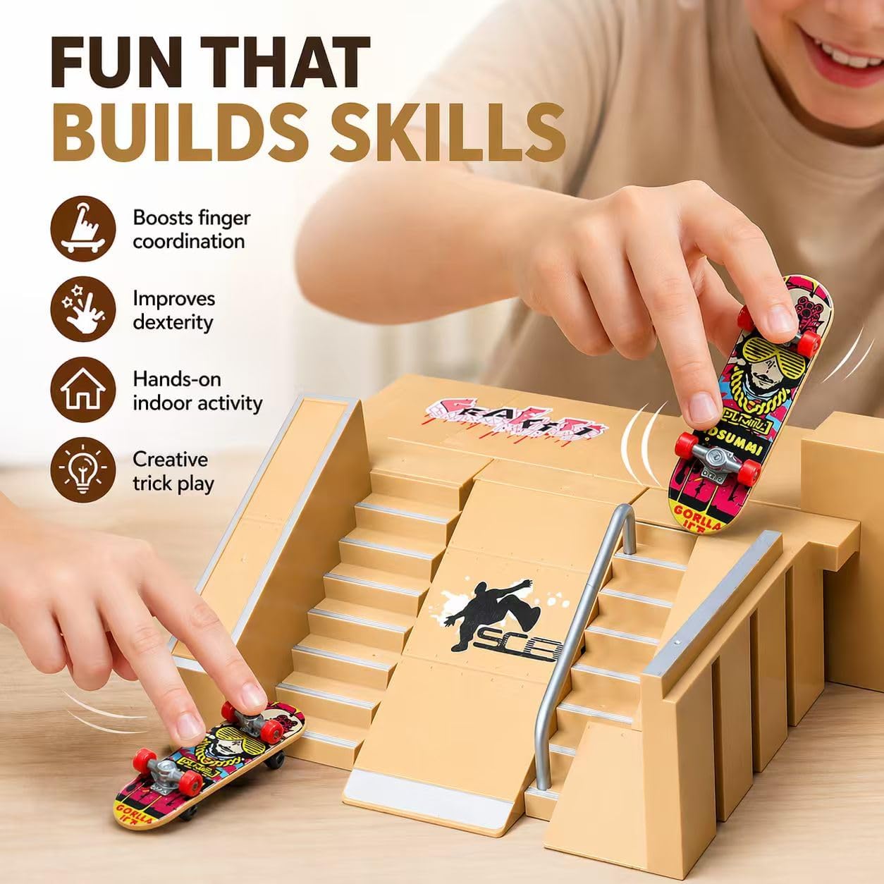 8-in-1 Fingerboard Skate Park Kit with 2 Mini Fingerboards, DIY Finger Skateboard Ramp Set for Kids Ages 5+