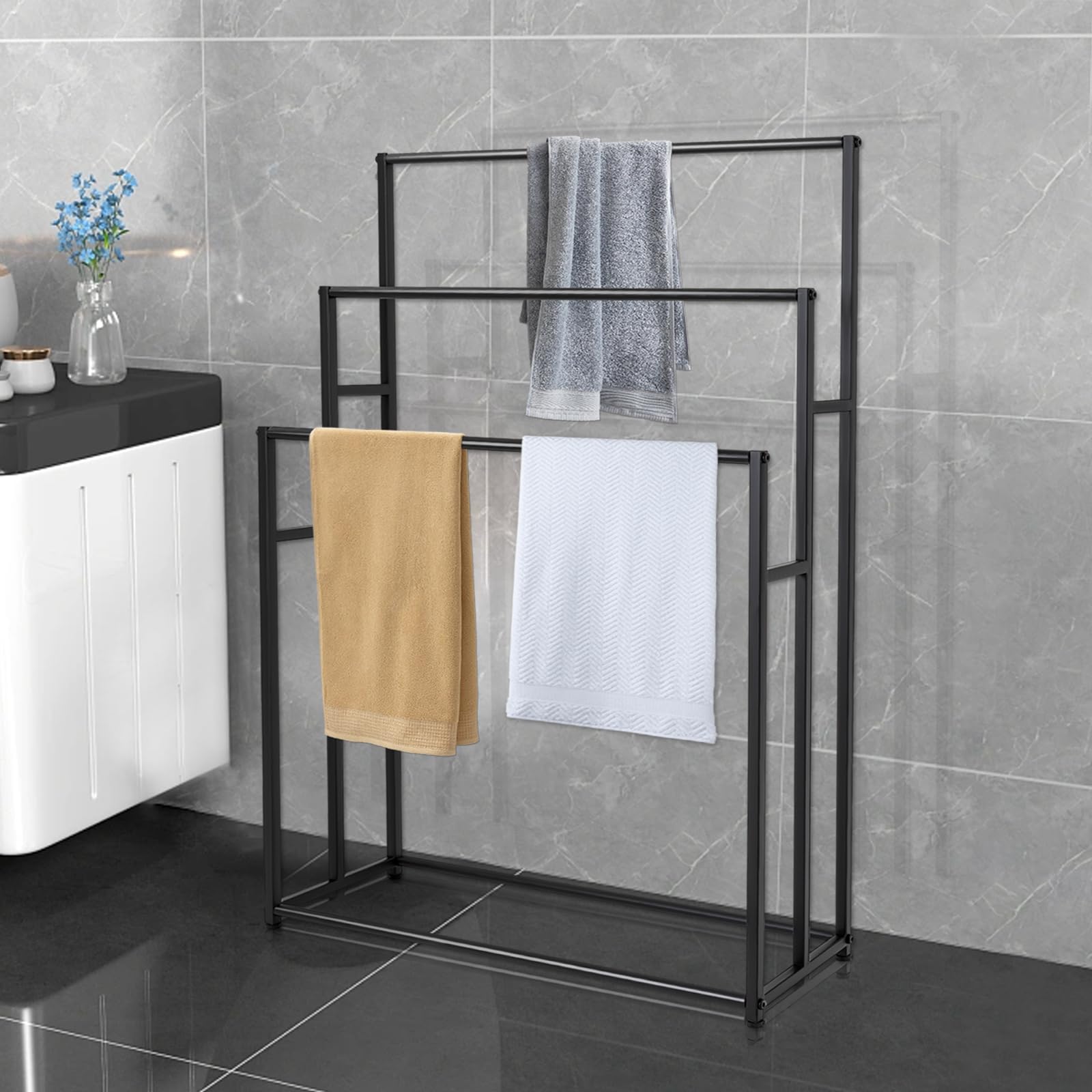 Wieszak na ręczniki, 3-poziomowy, wolnostojący wieszak na ręczniki, duży, wolnostojący, 3-poziomowy wieszak na ręczniki, 75 x 25 x 110 cm, metalowy wieszak na ręczniki do łazienki, czarny