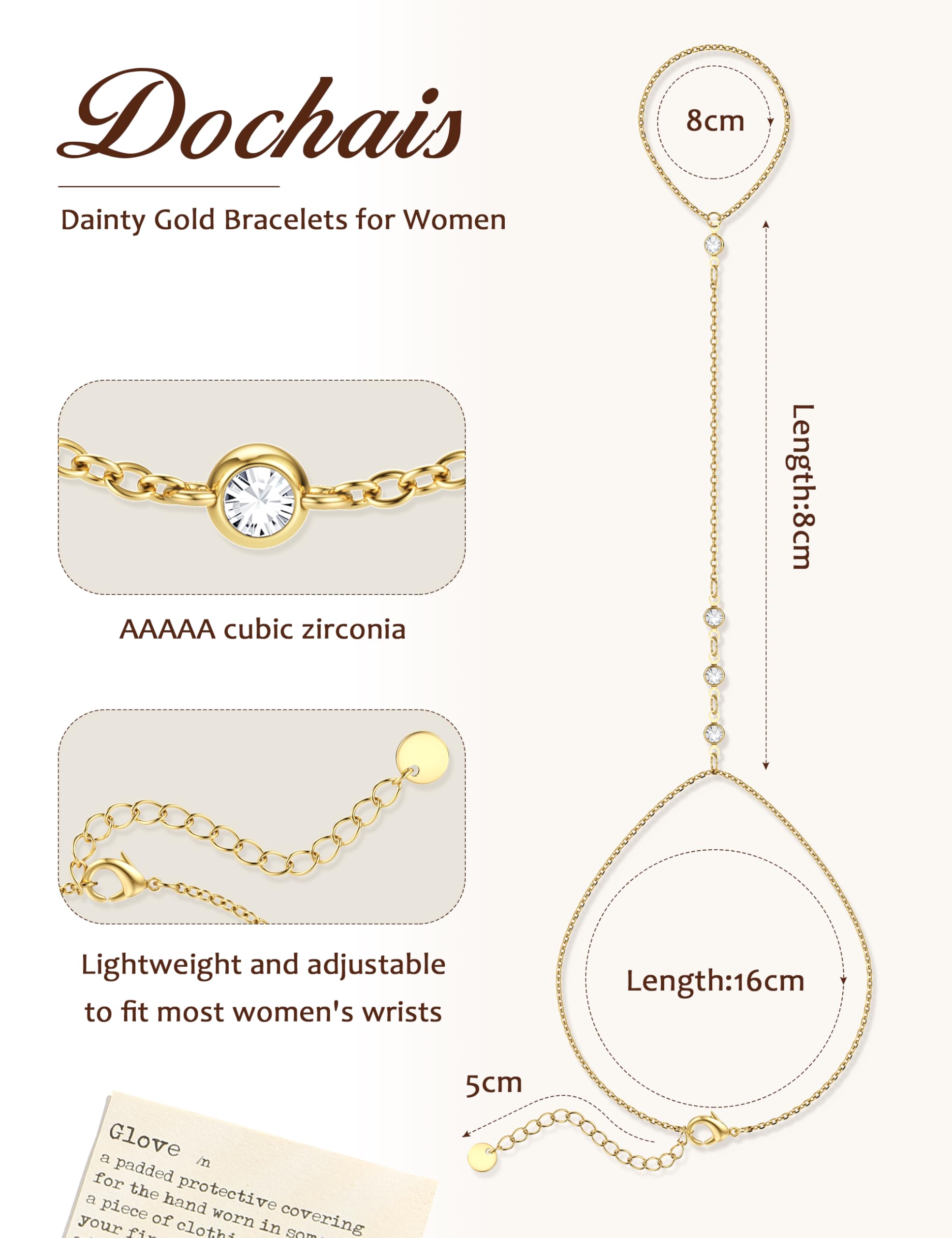 Dochais Bracelets Main Femme, Chaîne Main Poignet-Doigt, Or 14K/Argenté, Bijou Élégant Adjustable Imperméable, Cadeau Luxe
