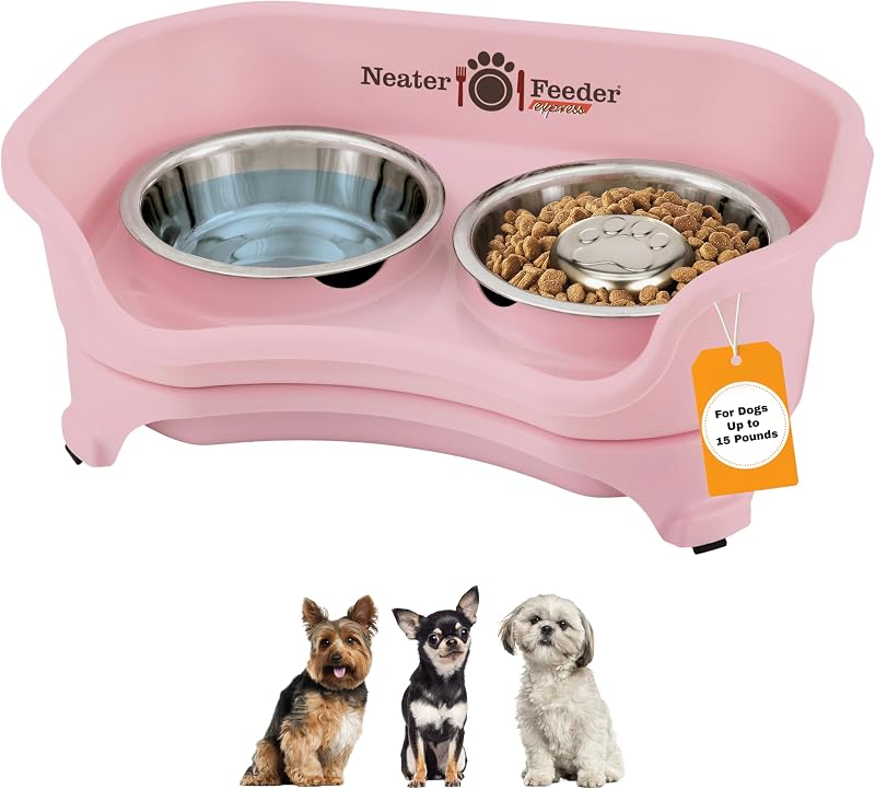 Comedouro elevado para cães pequenos Neater Feeder Express com tigela slow feeder em aço inoxidável, Rosa