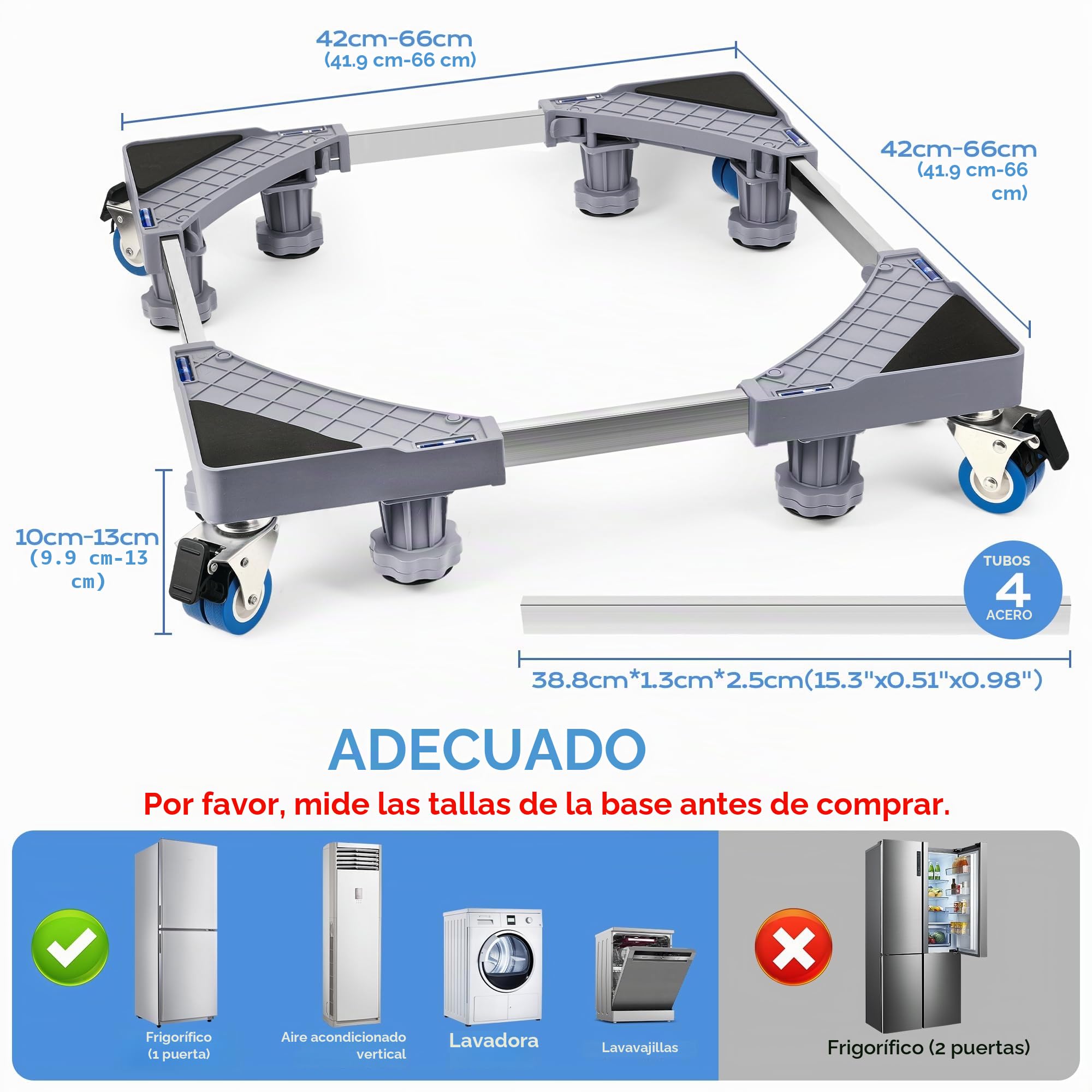 Base Lavadora Con 8 Patas Y 4 Ruedas, Soporte Lavadora Secadora | Antideslizante Y Amortiguadora, Tama O Ajustable(42-66 cm), Plataforma Con Ruedas Capacidad (Carga de 300 kg)