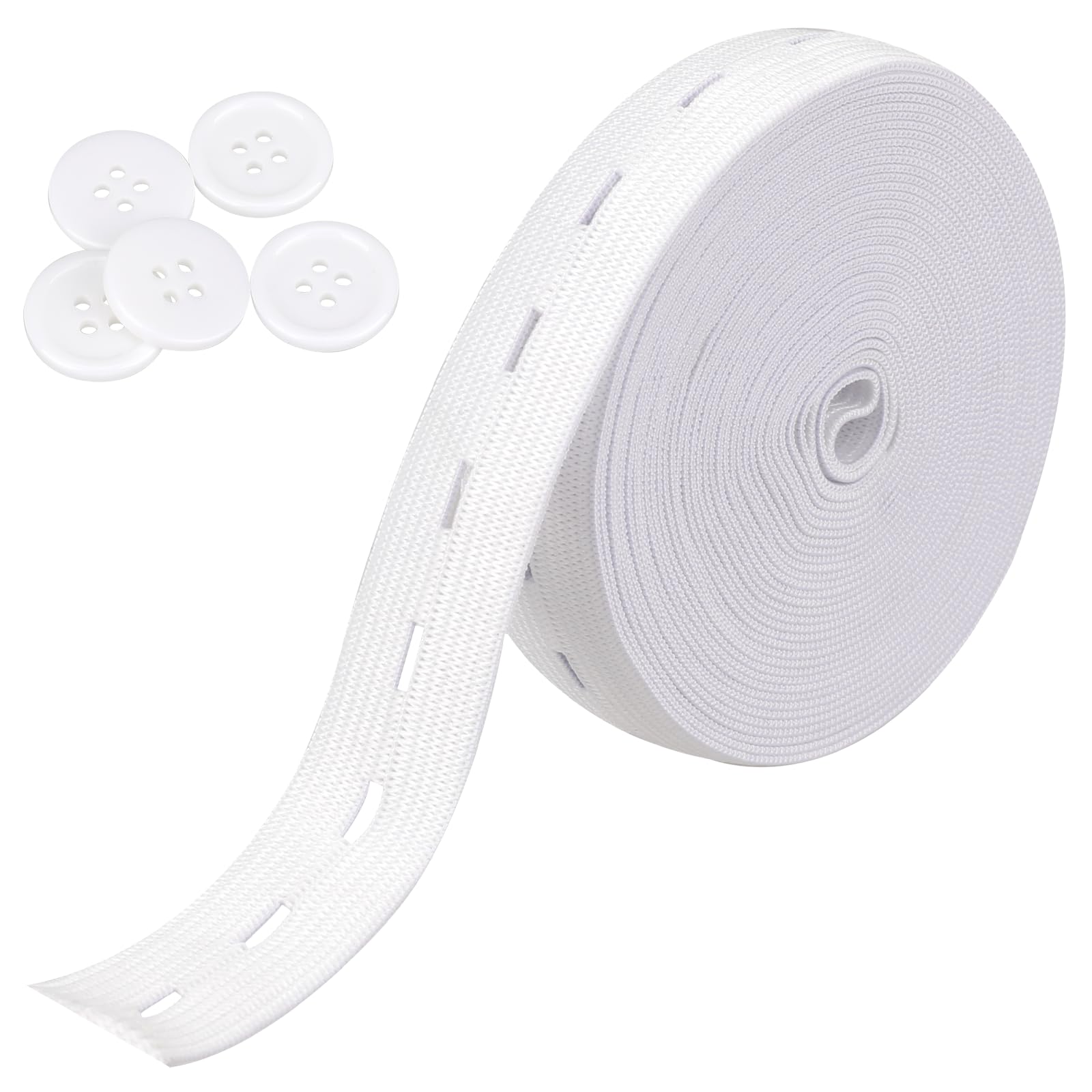 Elastic Band for Sewing, 3/4 Inch Elastic String Strap Cord with Buttonholes High Elasticity Knit Bands Spool Pant Waist Tightener with 5PCS 18mm White Buttons, DIY Craft Supplies (White,5.5 Yards)