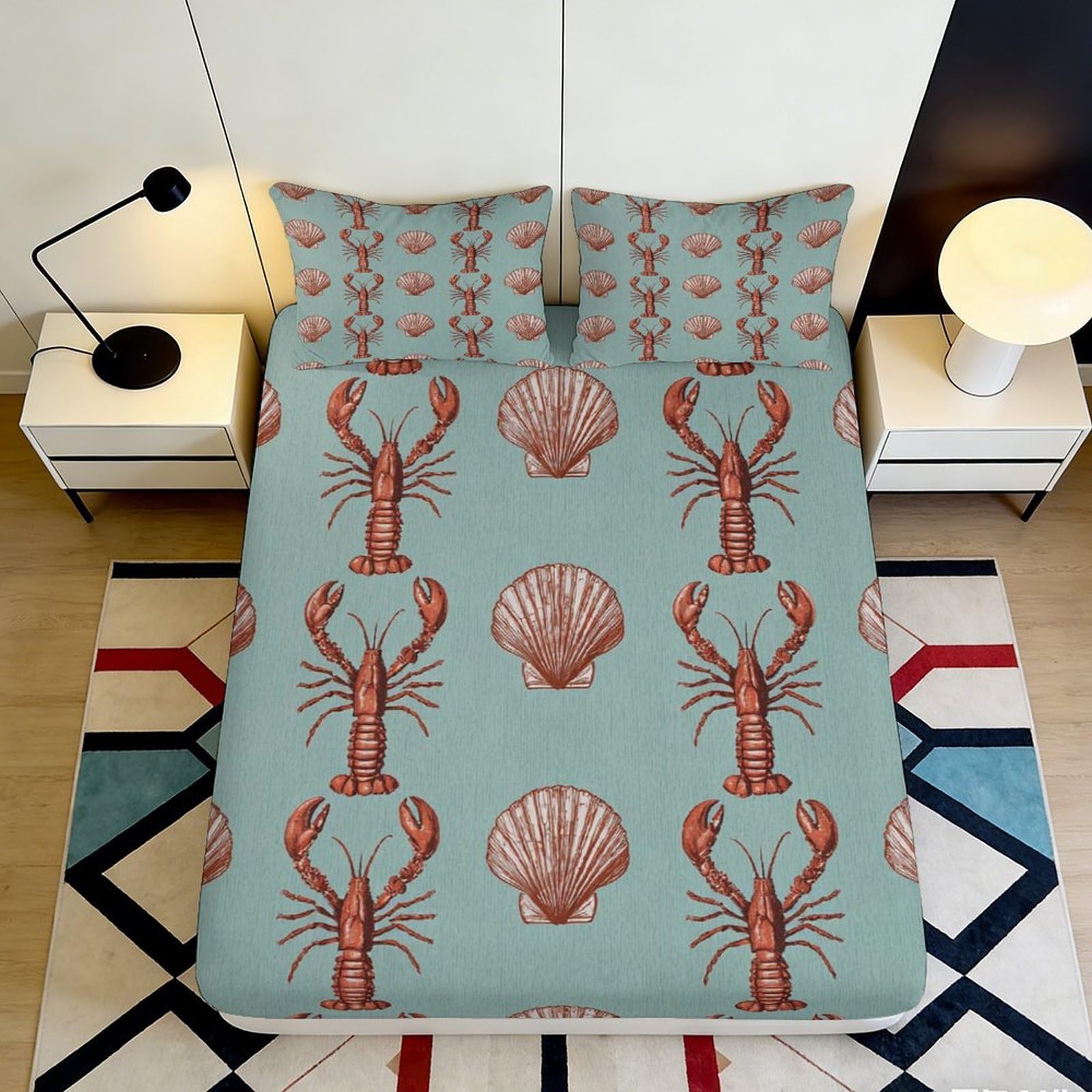 3D Printed Ocean Lobster Fitted Sheet Microfiber Deep Pocket Non-Slip Bedroom Bedding Shell Mattress Fitted Cover for Adults Washable 120x200x25cm