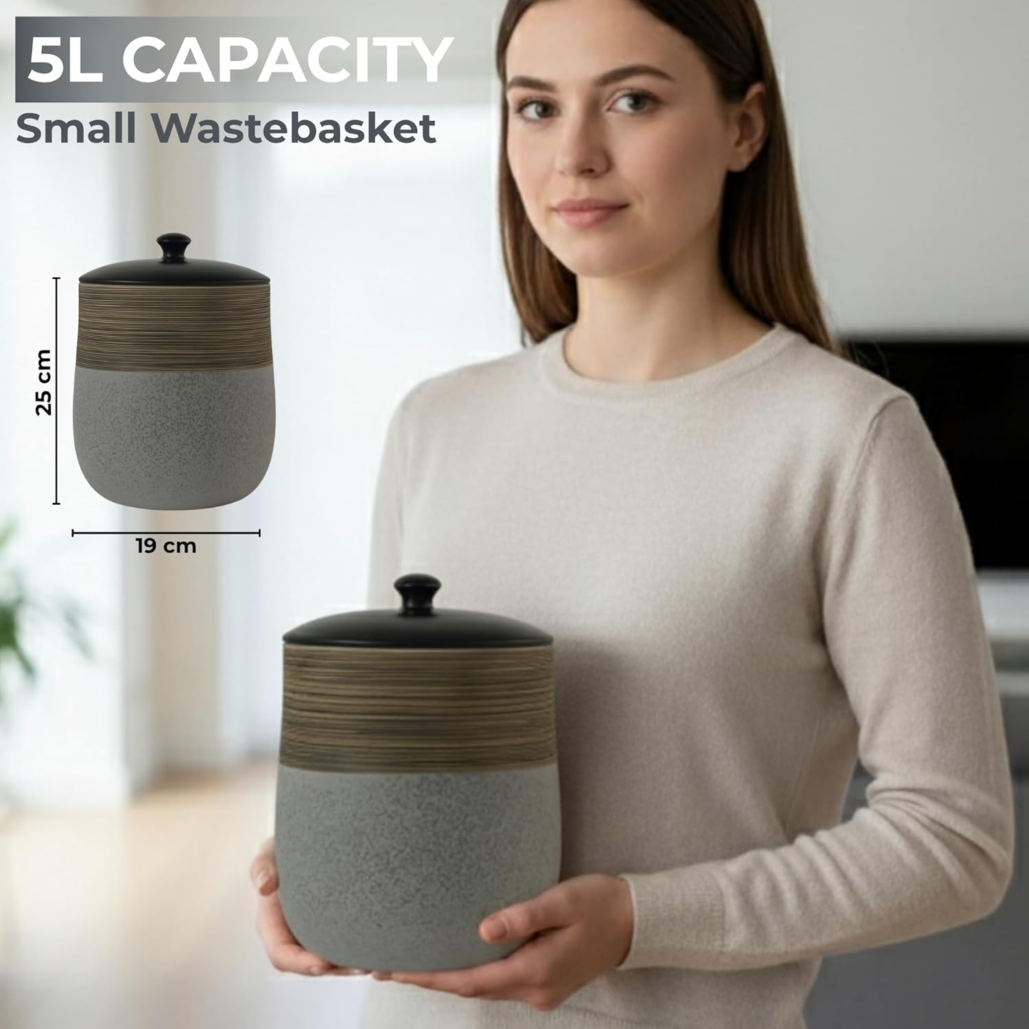 Vintage Luxury Stone Bathroom Trash Can with Lid 5L | 7" x 10" | Modern Ceramic Trash Can | Decorative Waste Basket for Bathroom, Bedroom, Kitchen, Hotels or Living Room Decor | Luxe Restroom Decor