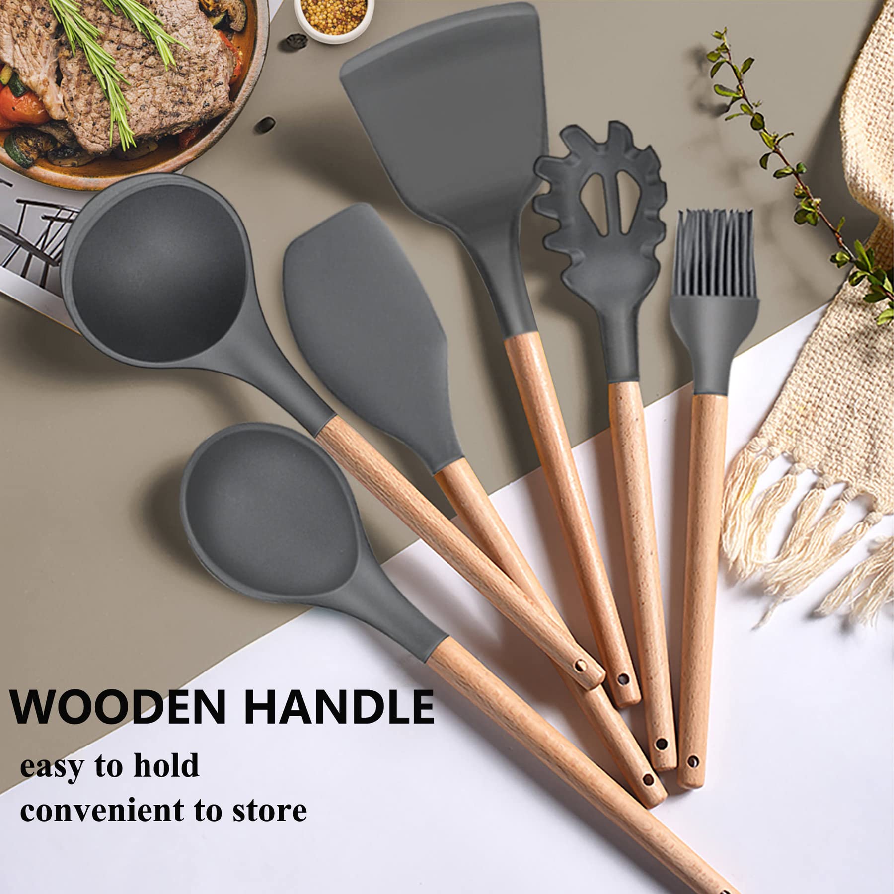 LIANYU 33-Piece Silicone Kitchen Cooking Utensils Set with Holder, Wooden Handle Heat Resistant Cookware Utensils Set, Non-Stick Kitchen Tools, Black Gray