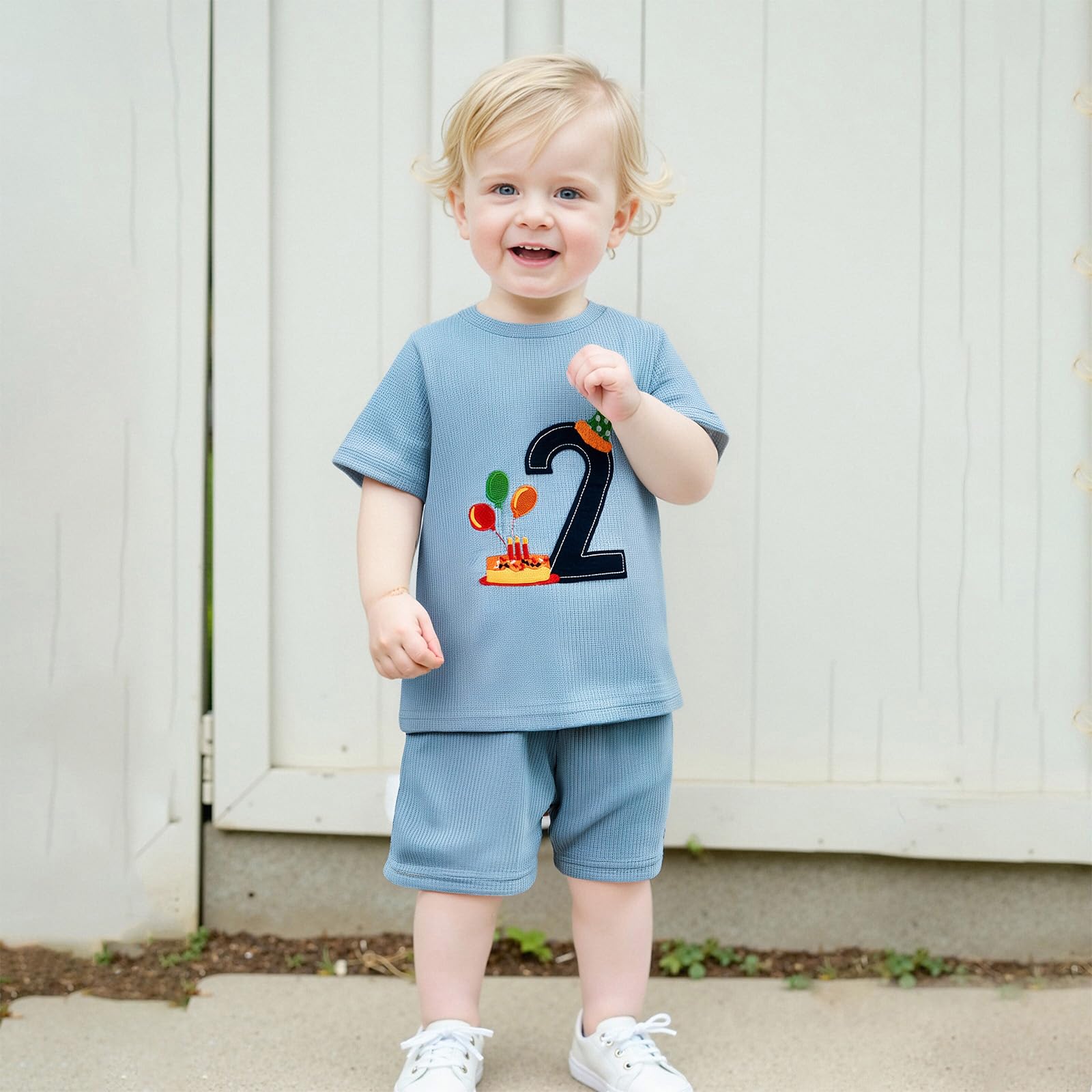 KtwHarnu Toddler Baby Boy 1st 2nd Birthday Outfit Embroidery Waffle Knit Short Sleeve T-Shirt Shorts Set Cake Smash Outfit ?Two Blue, 2-3 T