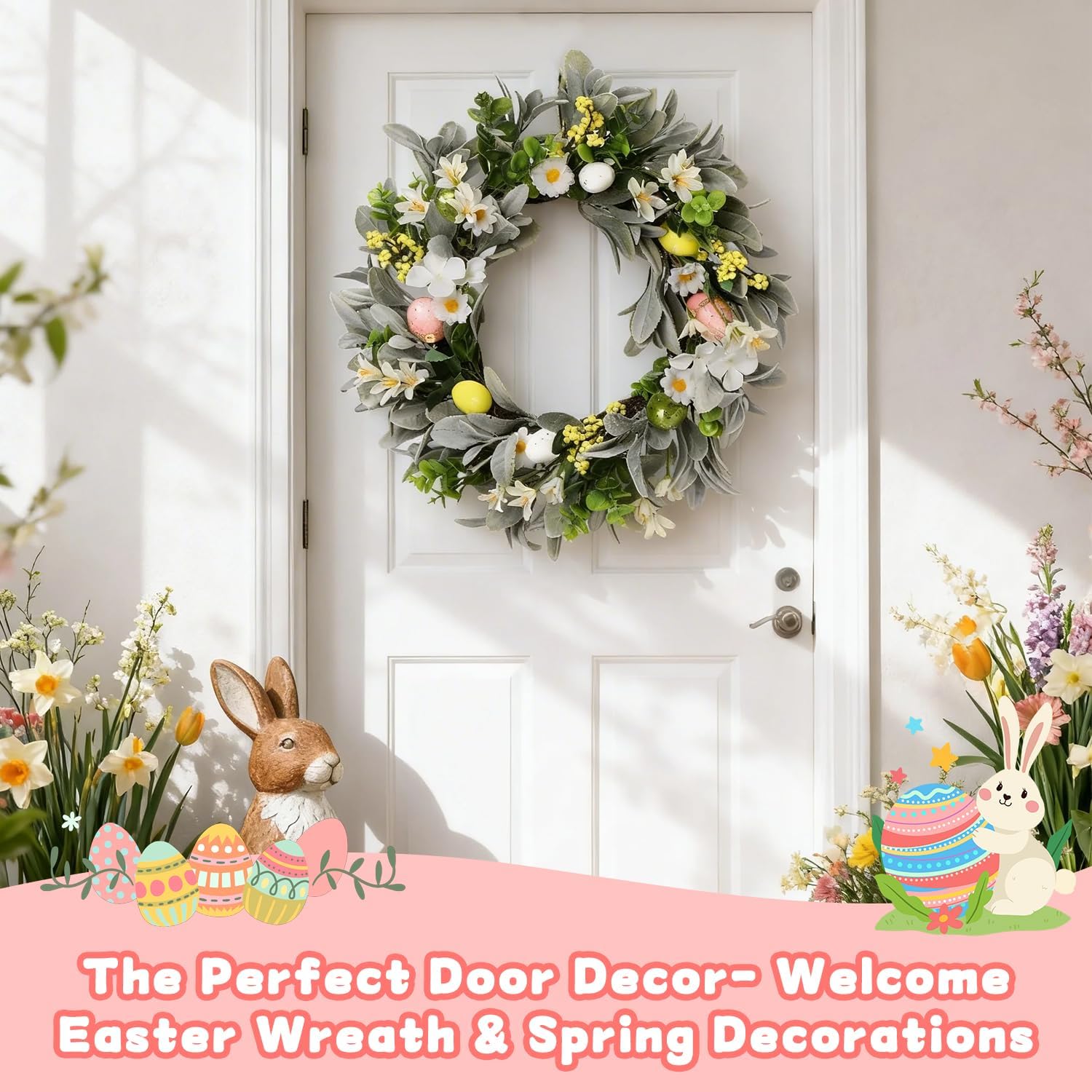 18 Inch Spring Wreath for Front Door, Floral Wreath with Auto Timer Warm Lights, Silk Lambs Ear Leaves & Daisies, Artificial Pastel Eggs & Berry Clusters, Spring Door Wreath Decorations for Home