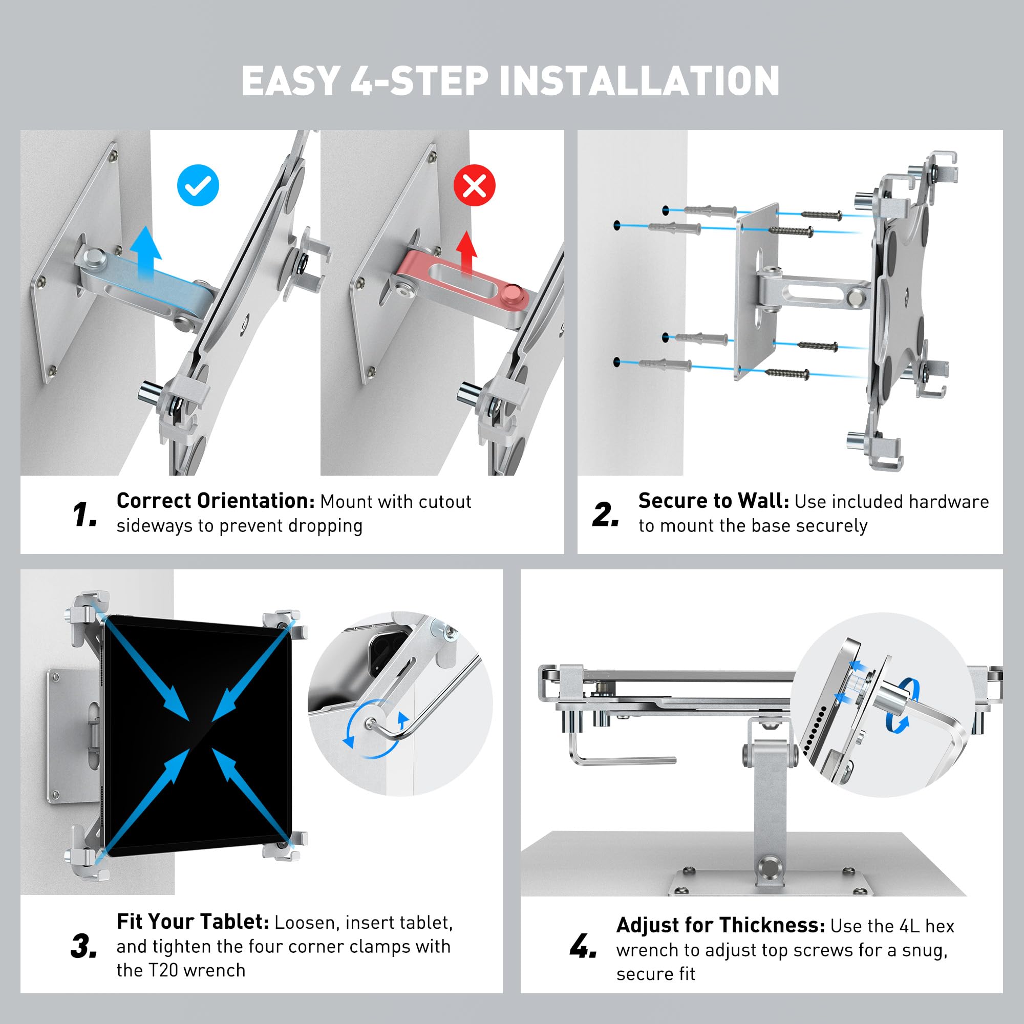 AboveTEK Soporte de Pared para Tablet, Soporte para iPad con función antirrobo (9,7" - 13"), rotación e inclinación de 360°, Soporte VESA para expositores comerciales de Punto de Venta-Plateado