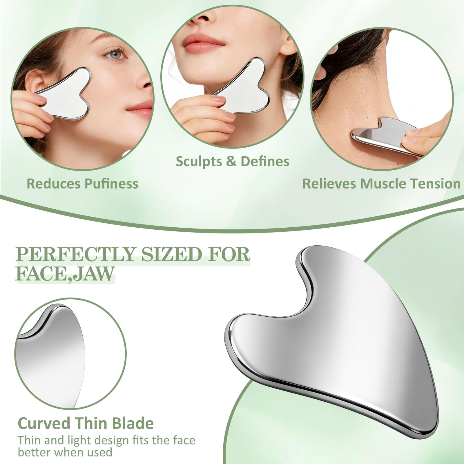 Outil de Massage Gua Sha 4 en 1 en Acier Inoxydable,Gua Sha pour tissus mous pour le Visage, les Yeux, le cou, le Corps