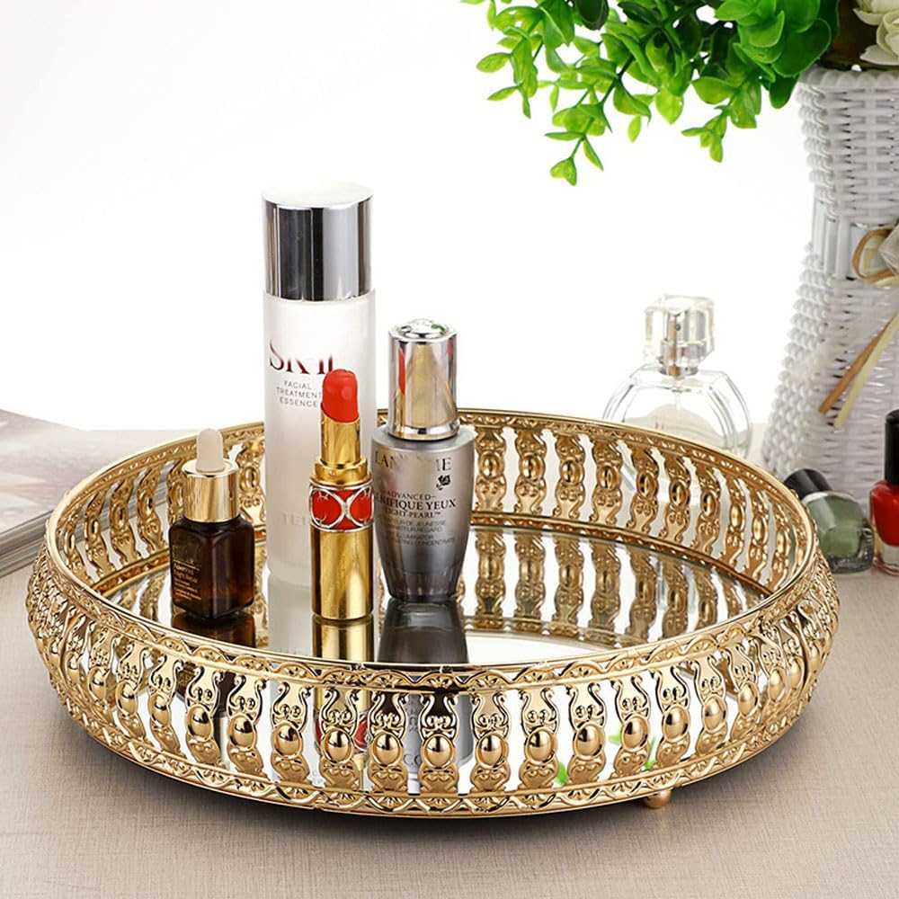 Gold Mirrored Vanity Makeup Tray 10" Metal Jewelry Display Cosmetic Perfume Organizer Tray for Dresser, Bedroom, Home Decor