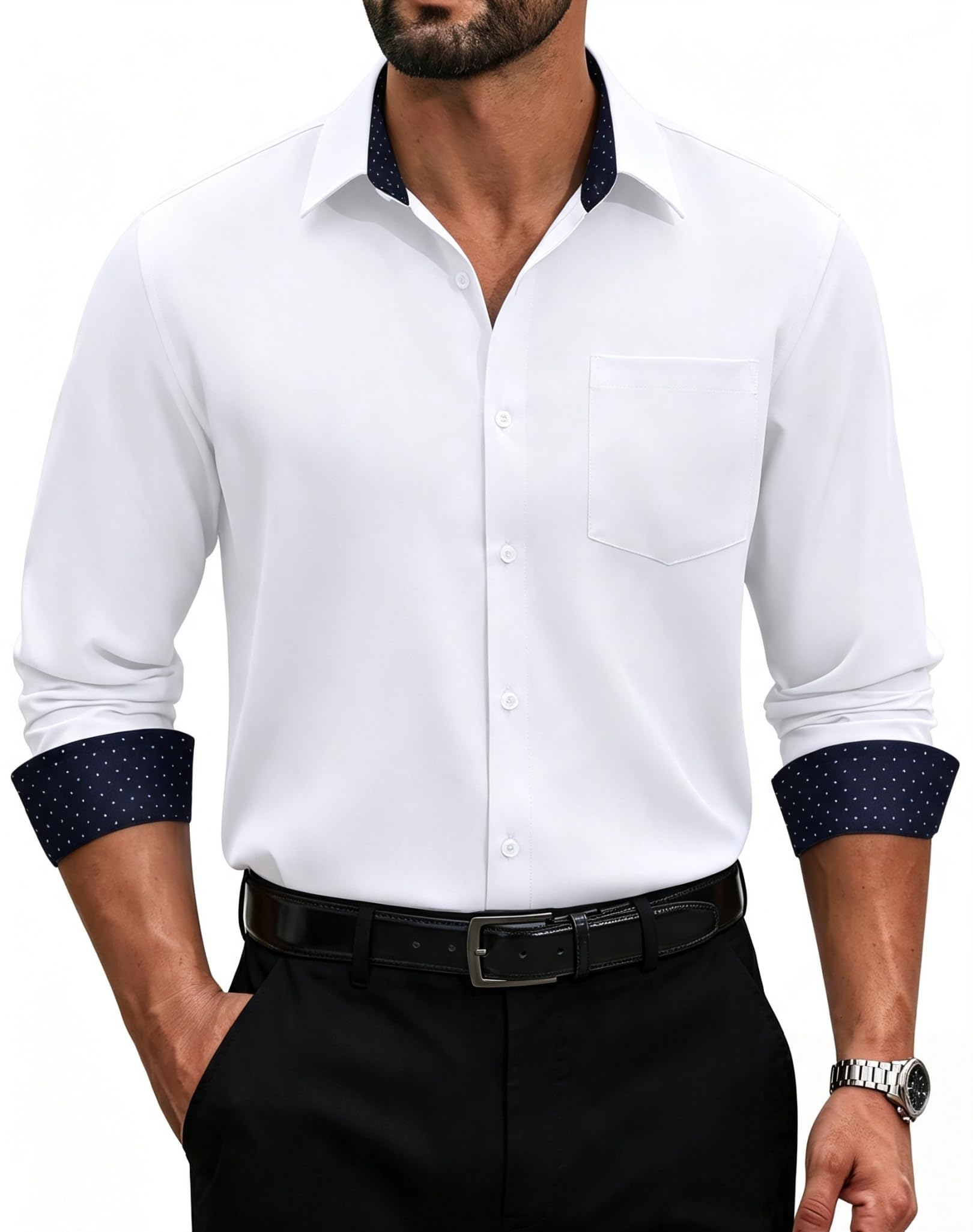 COOFANDY Men's Dress Shirts Stretch Long Sleeve Casual Button Down Shirts | Formal Business Shirt, Contrast on Inner Collar & Cuff, Chest Pocket, Regular Fit, Wrinkle Free, Simple Daily Upkeep