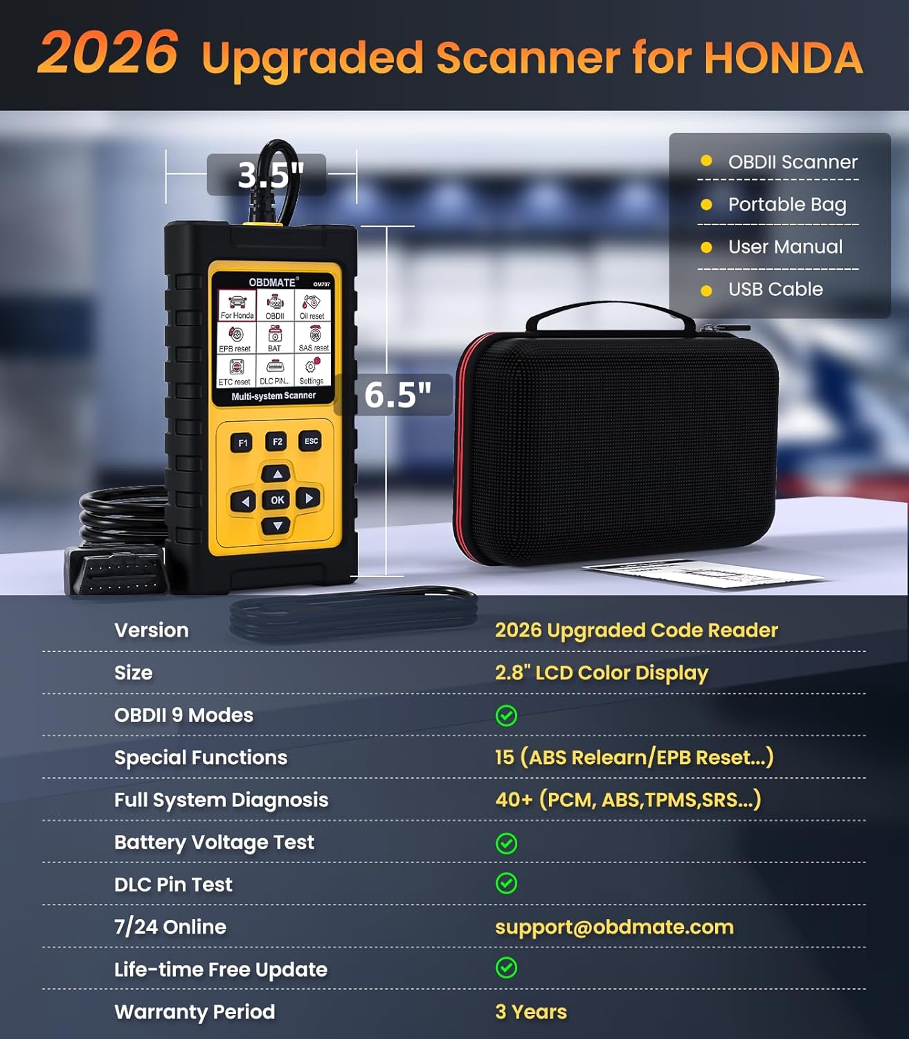 OM707 OBD2 Scanner for Honda Acura, Full Systems Diagnostic Tool, 15 Popular Reset Services, Auto VIN, Battery Test, One-Key I/M Readiness, No Subscriptions Lifetime Update