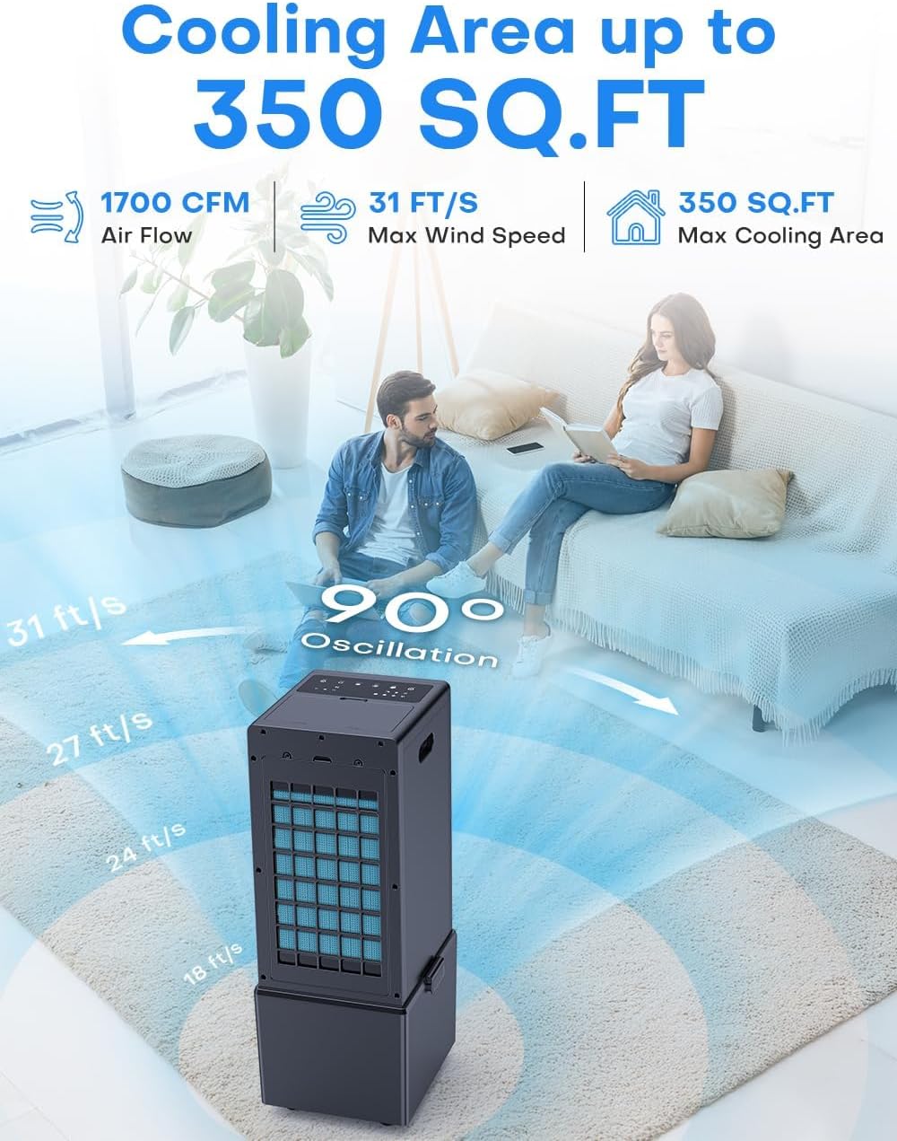 4-IN-1 Windowless Air Conditioner w/ 3.2-Gal Tank for 24H Cooling, 4 Wind Speeds & 4 Modes, LED Touch Screen, Waterless Alert System & 12H Timer, Remote, Portable Air Conditioners for Bedrooms