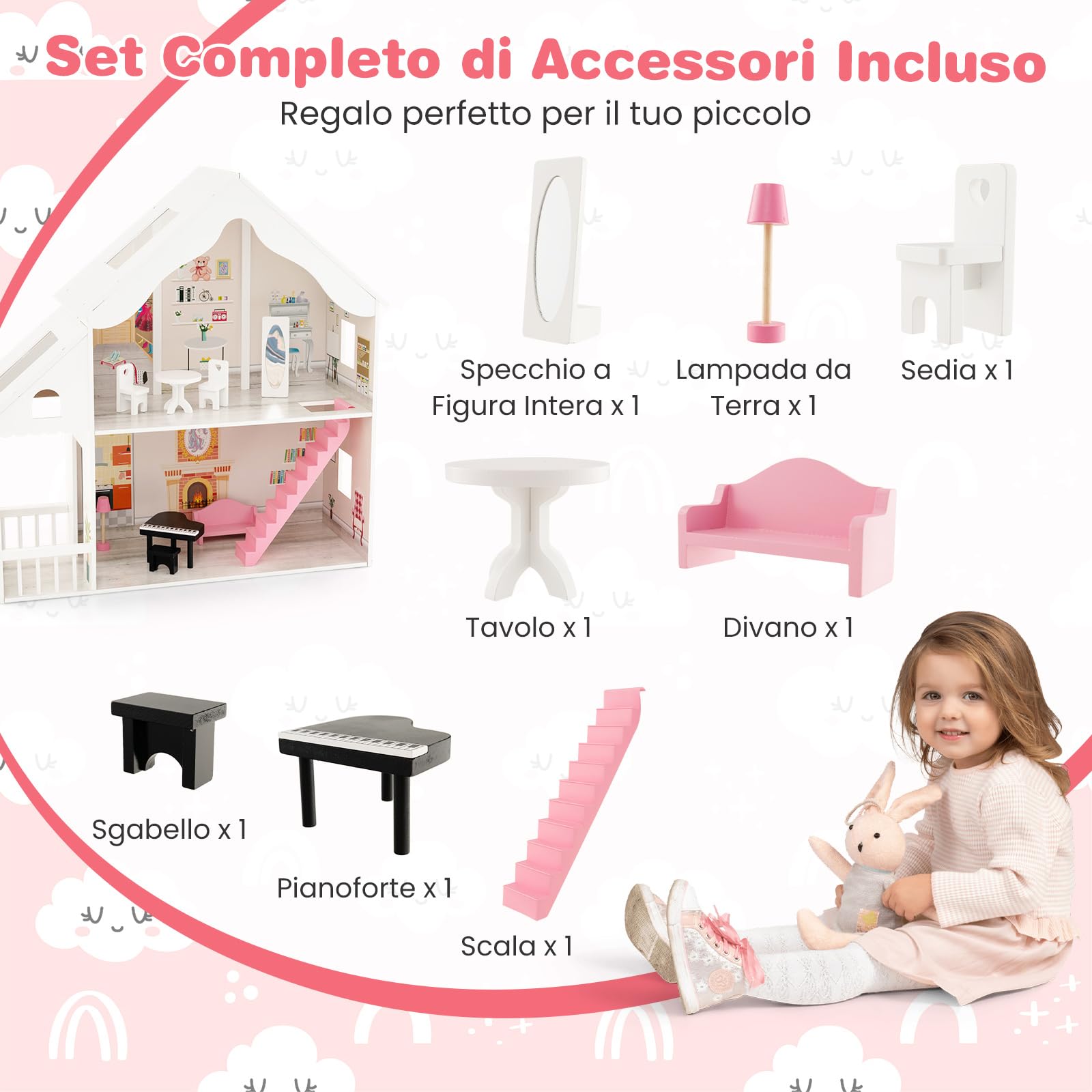 GYMAX Casa delle Bambole in Legno per Bambini, Villa a 2 Piani Semi-Aperta con Stanze e Set di Mobili, Portico e Lucernari, Ideale per Bambini dai 3 Anni +, 81 x 30 x 86 cm