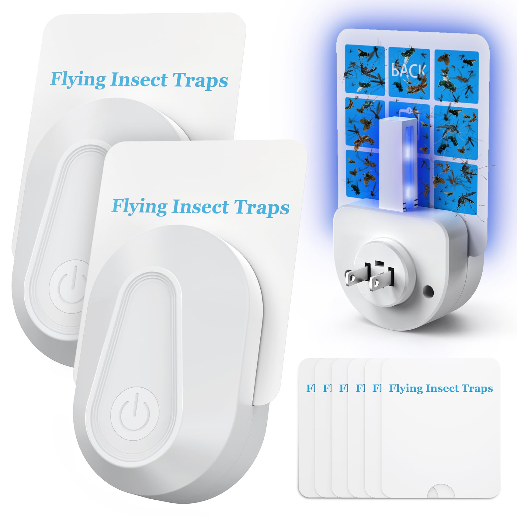 Kit trappola per insetti volanti per interni, trappola per mosche e moscerini, con 2 trappole e 6 ricariche adesive, dispositivo a innesto per zanzare, tarme, ecc