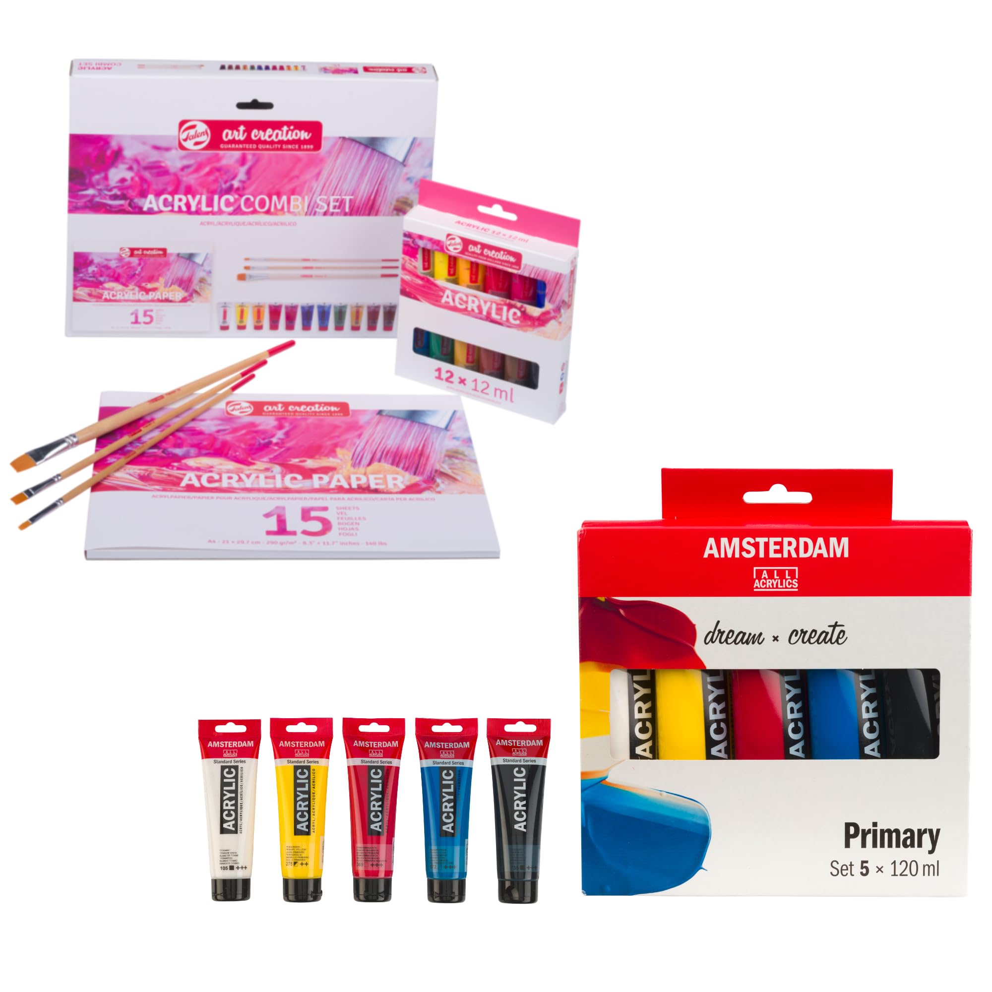 Amsterdam Komplettes Acryl-Malset für Anfänger mit 5 x 120 ml Farben, 12 x 12 ml Acrylfarben, Pinseln & A4 Papierblock