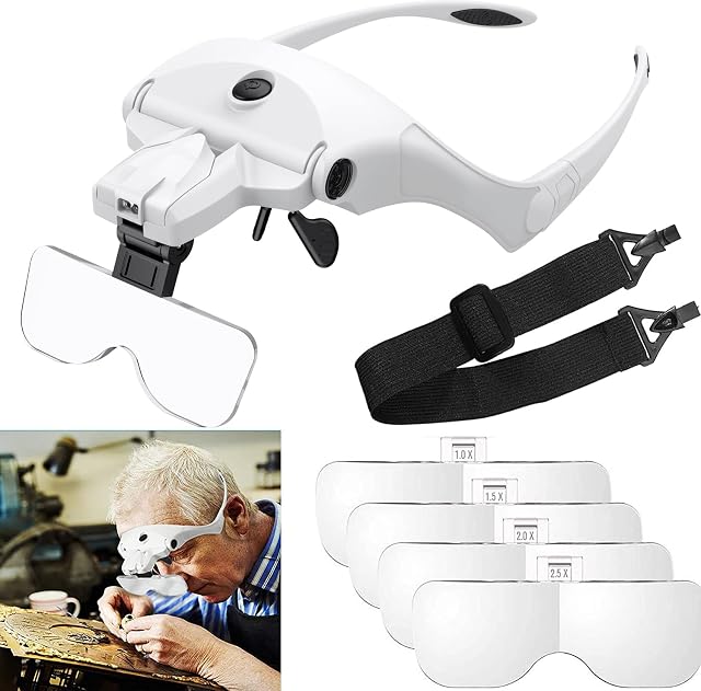 Headband Magnifying Glass ,eSynic LED Headband Magnifying Glass USB Charging Handsfree Magnifier Head Magnifier With Light and 5 Detachable Lenses(1X-3.5X) for Reading, Jewelry, Loupe, Crafts,etc.