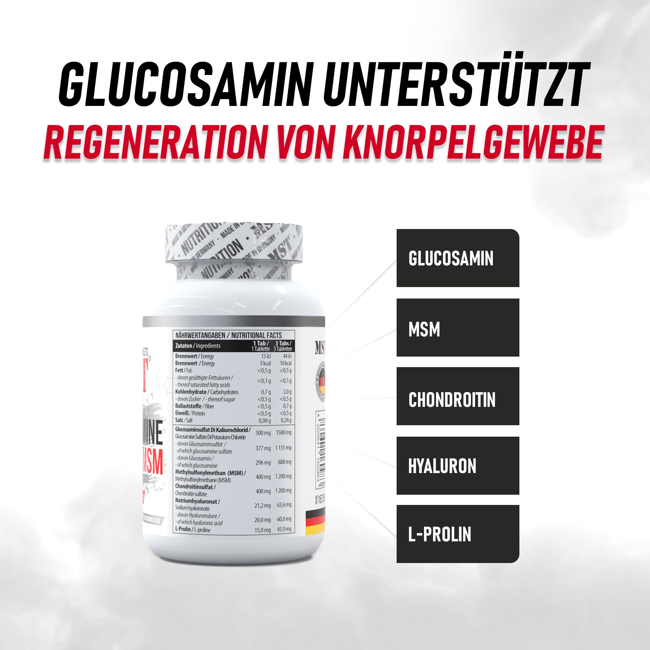 Glucosamin Chondroitin MSM + Hyaluronsäure + L-Proline | 90 Tabletten | MST NUTRITION MADE IN GERMANY |