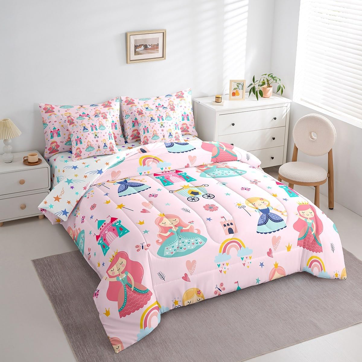 Erosebridal Kids Pink Princess Comforter Set with Sheets Dreamy Fairy Tales Castle Girls Twin 7 Piece Bedding Set Cartoon Rainbow Bed in A Bag for Teen Women,Magical Carriage Princess Bed Set