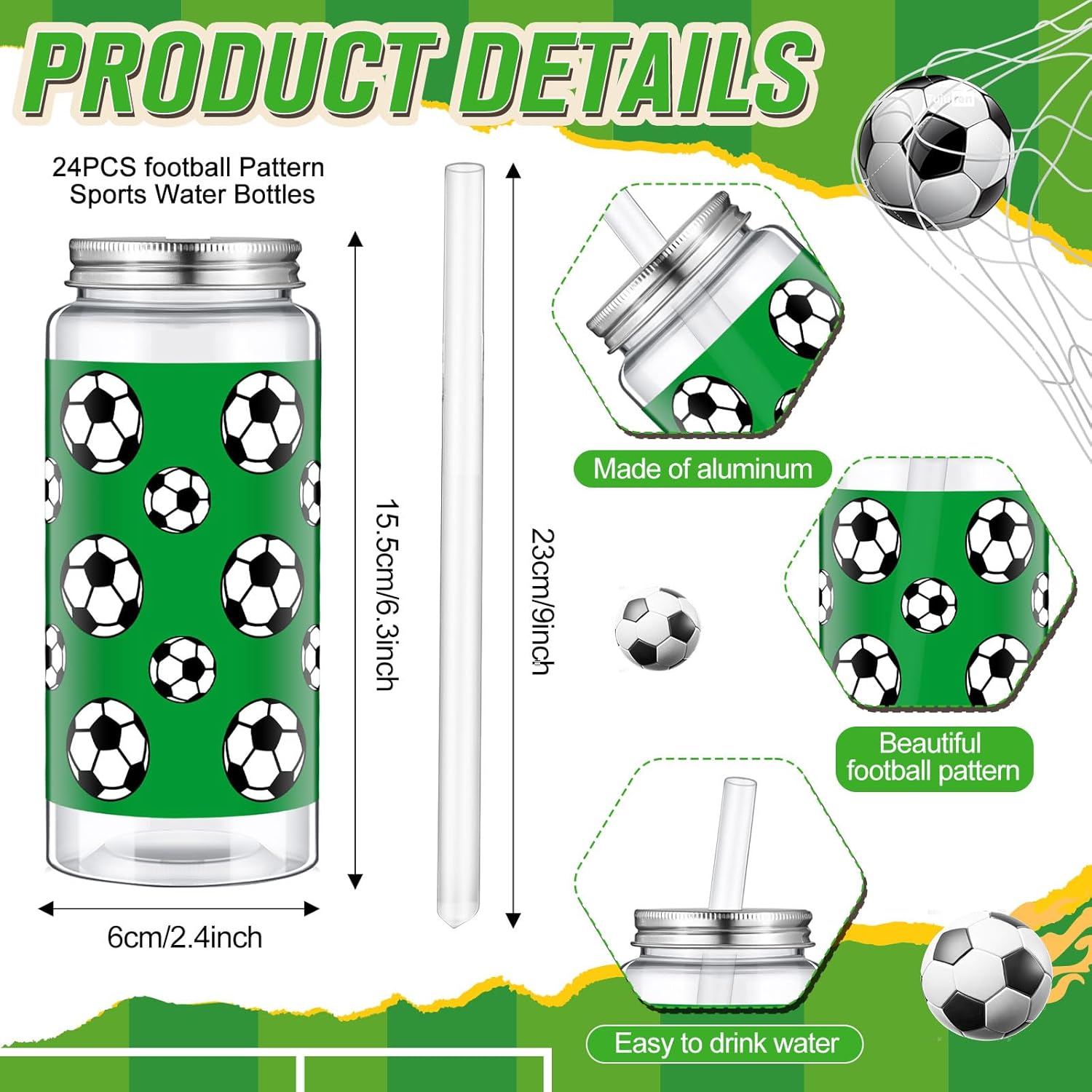 Maxdot 36 Pack 14.2 oz Soccer Plastic Cups with Lid and Straw Bulk Soccer Cup with Lid and Straw Clear Reusable Plastic Juice Bottles Tumbler for Sport Themed Party Favors Birthday Team Gifts