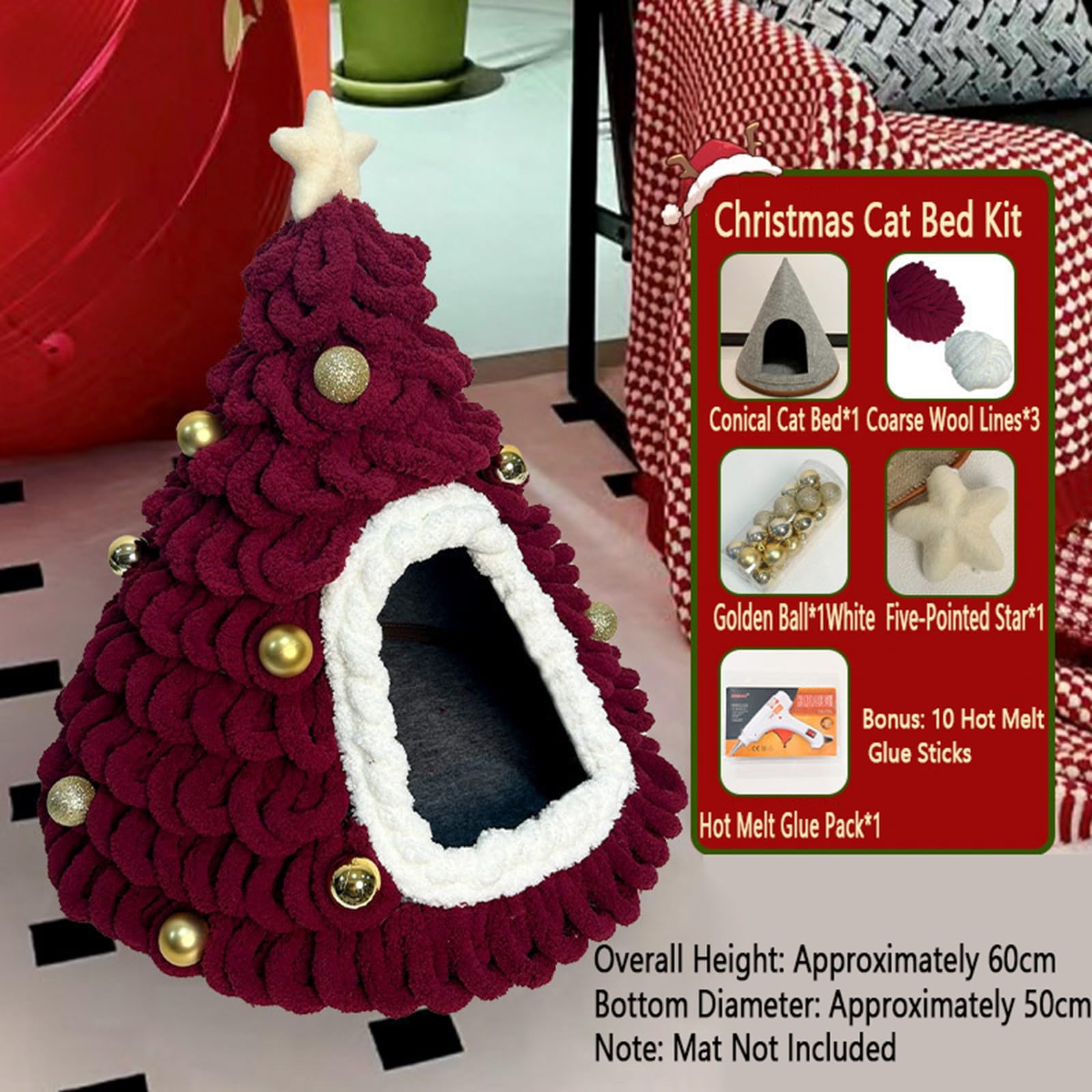 Cuccia per Gatti a Forma di Albero di Natale Set di Materiali per Nido Morbido Chiuso per Gatti da Interno e Cani Piccoli Regalo Natalizio Caldo per Amanti dei Gatti(Red2)