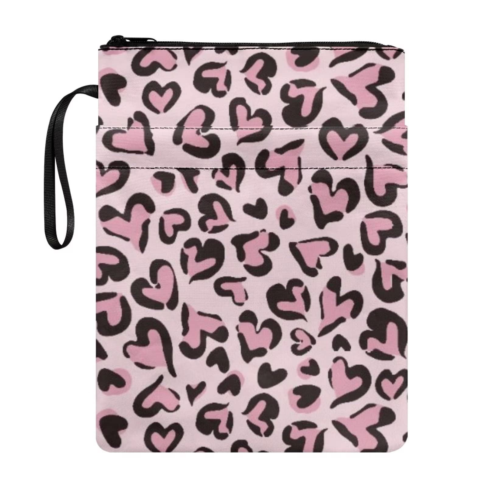 COEQINE Leopard Book Covers for Hardcovers Book Sleeve for Book Lovers Gift Pink Lovely Heart Print Book Protector Pouch Zipper Book Sack Paperback Textbook Bible Purse Tablet Case — image 1