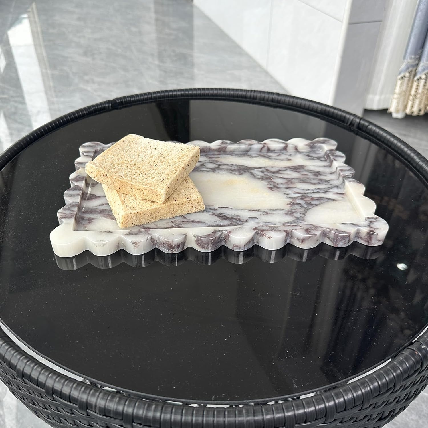 13.4 x 8 inch Large Marble Tray with Scalloped Edge, Rectangle Decorative Tray for Dresser Home Decor (Calacatta Viola) - Image 3