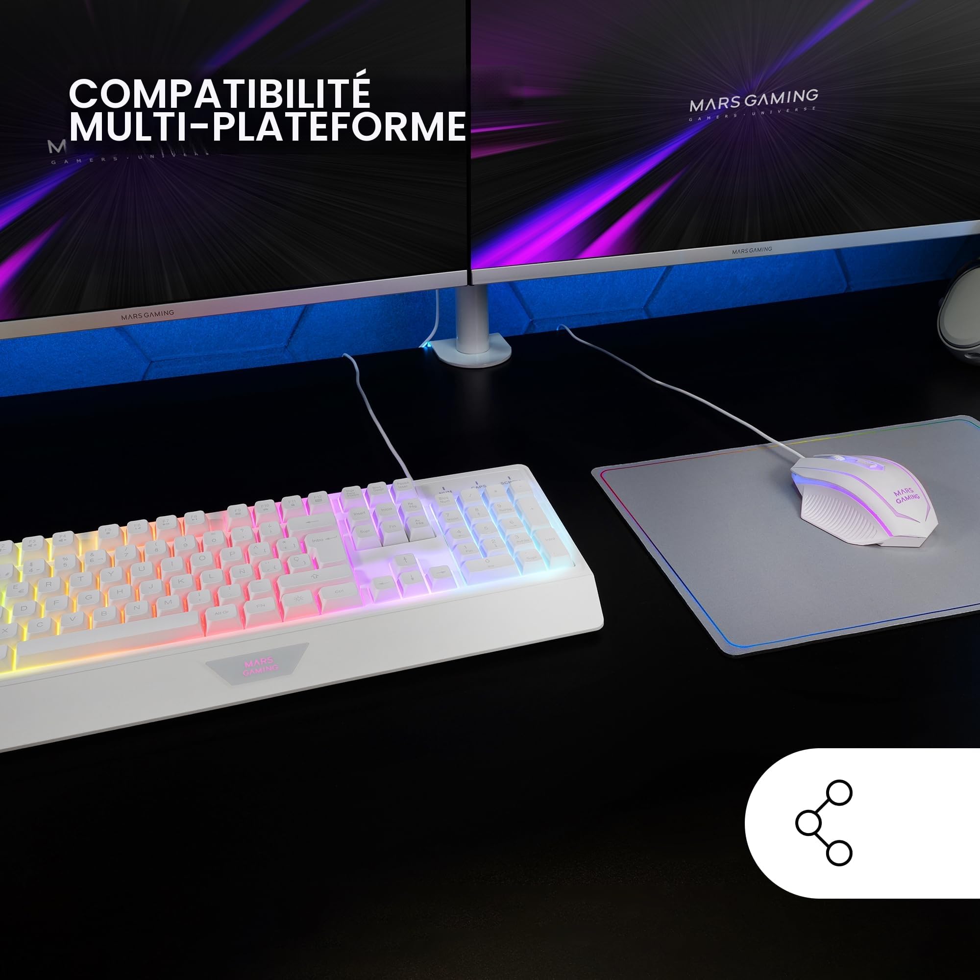 Mars Gaming MCP124WFR, Disposition Française, Combo Gaming 3en1, Clavier Ergonomique H-Mech LED RGB, Souris RGB 3200DPI Switches HUANO, Tapis Nanotextile 360x260mm, Multiplateforme, Blanc