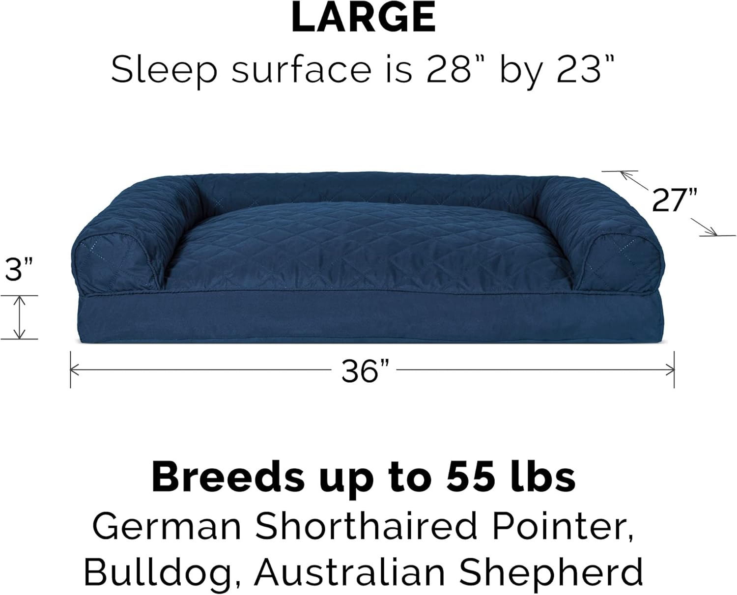 Furhaven Pillow Dog Bed for Large/Medium Dogs w/ Removable Bolsters & Washable Cover - Quilted Sofa - Navy (Blue), Large
