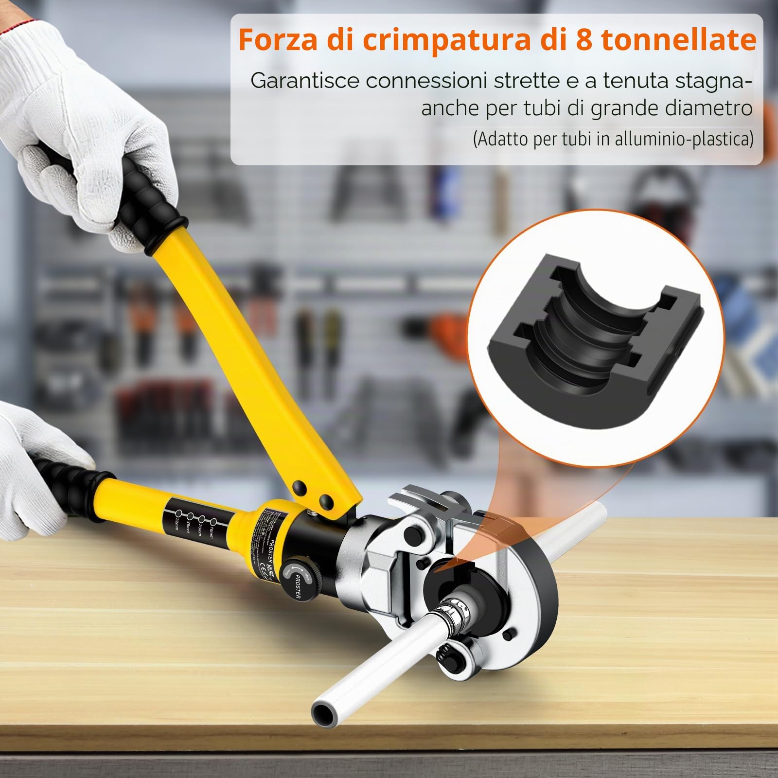 Proster Pinza Idraulica a Pressione 8 Tonnellate con Set di Matrici TH16 TH20 TH26 TH32 Pinza Crimpare Per Tubi con Testa Girevole a 360° Attrezzo Completo con Tagliatubi Custodia Robusta