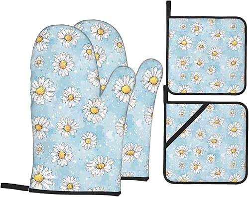 Miniatura 135 de Manoplas de horno y soportes para ollas, arte de mármol blanco y dorado, juego de 4 guantes de cocina resistentes al calor, antideslizantes