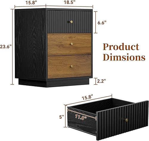 Miniatura 2 de Mesita de noche de 23.6 pulgadas de alto con 3 cajones de almacenamiento, mesita de noche acanalada con asas de metal, mesa auxiliar moderna para