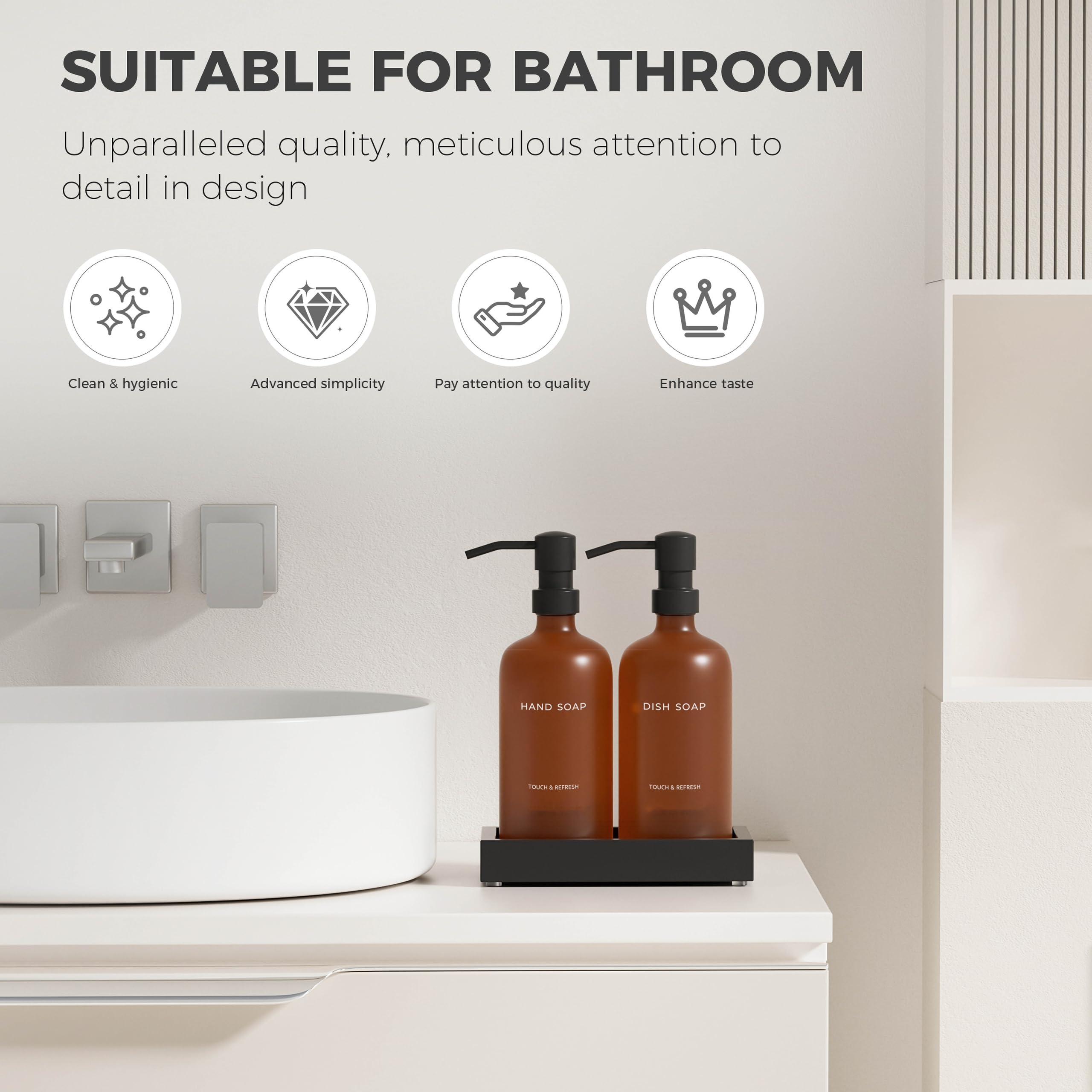 Kitchen Soap Dispenser Set with Tray - Hand and Dish Soap Dispenser for Kitchen,Modern Kitchen Decor & Accessories. (Amber) - Image 4
