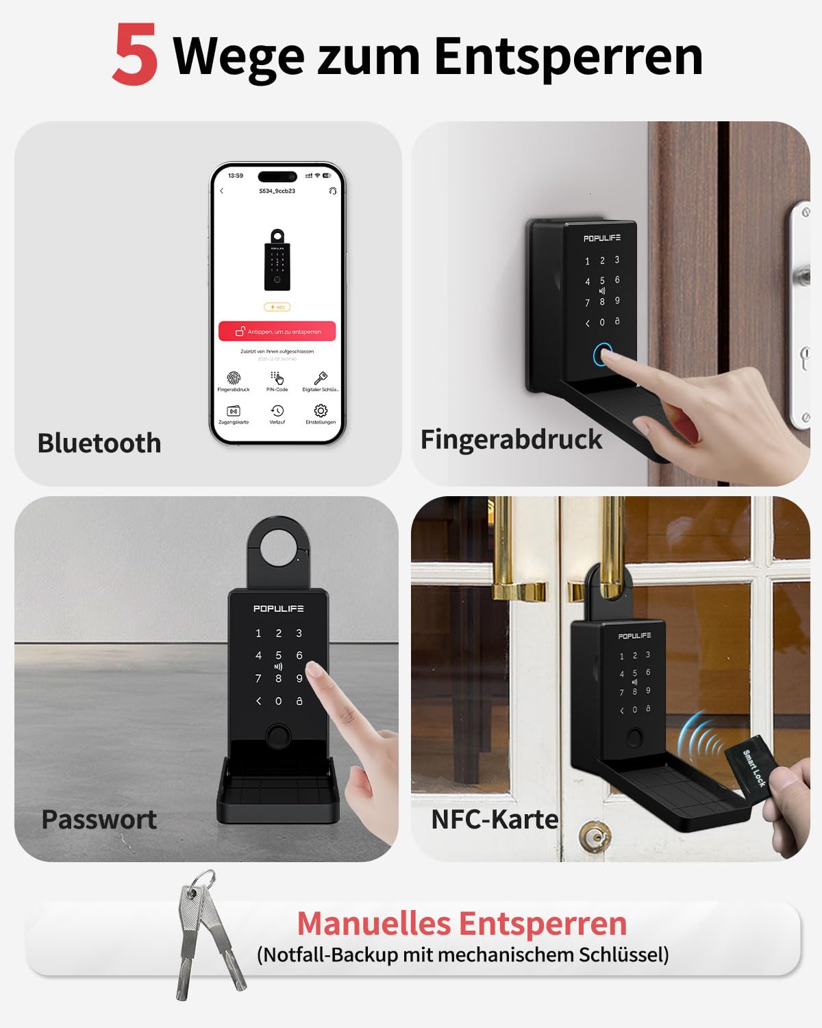 Populife Fingerabdruck-Schlüsselbox Smart Schlüsseltresor mit Zahlcode Fernzugriff wasserdicht für Zuhause Makler Airbnb