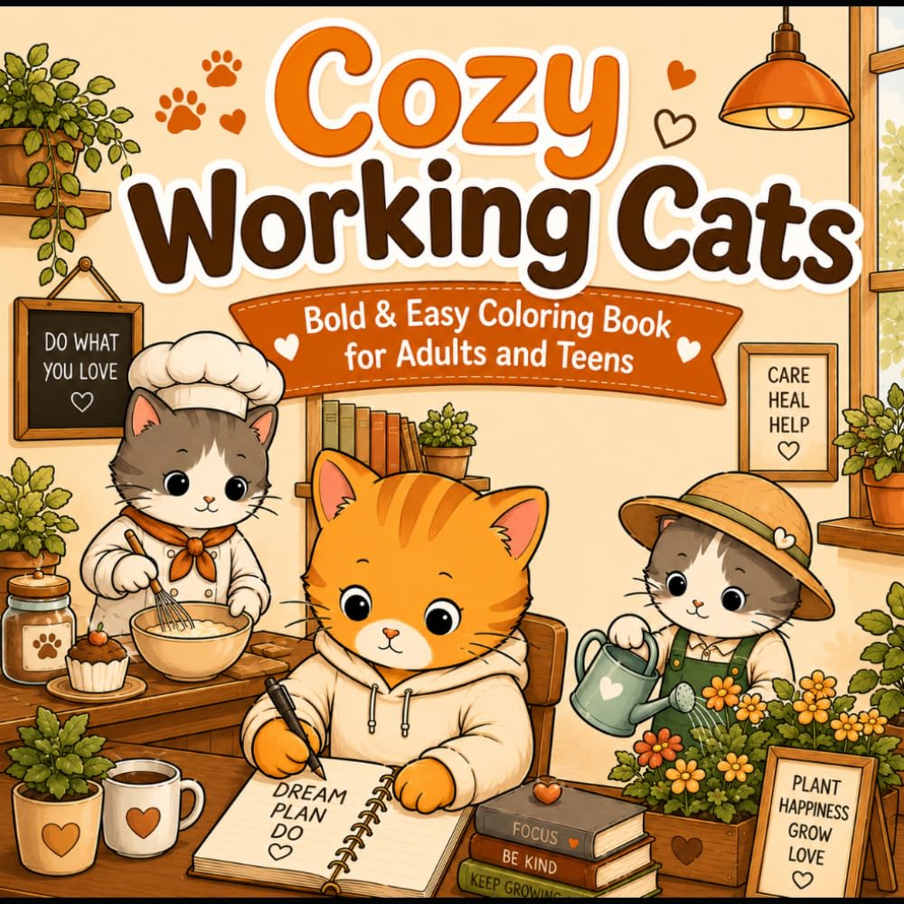 Cozy Working Cats: Cute and Relaxing Bold & Easy Coloring Book for Adults