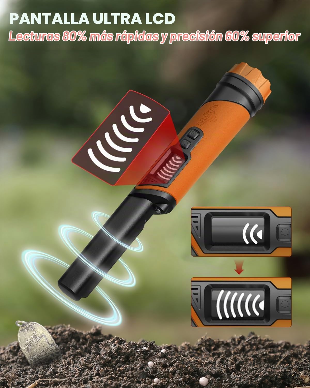 DR.ÖTEK Detector de metales Pinpointer IP68 totalmente impermeable submarino de mano puntero varita, pantalla LCD, detector de metales pequeño para adultos, alta precisión, 3 modos de alerta, para