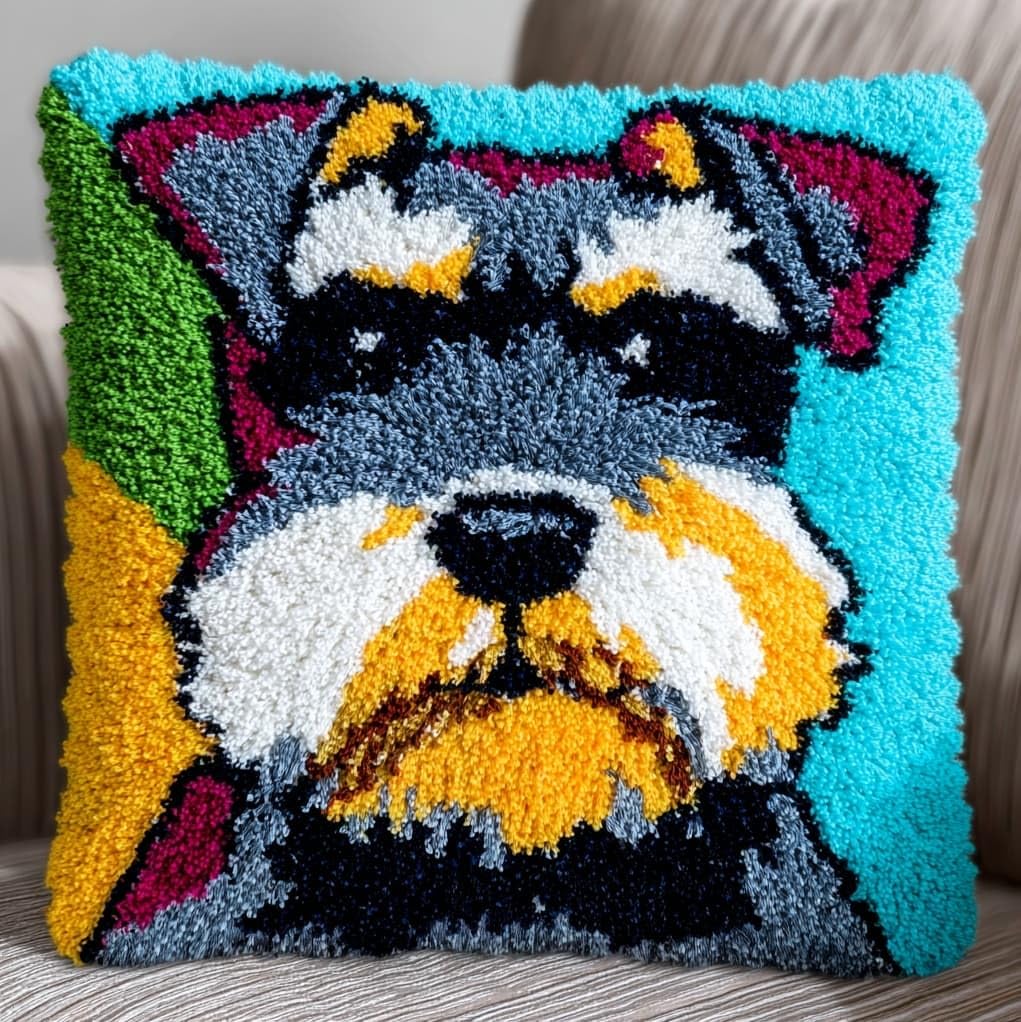 Henypt Latch Hook Cushion Kit 43x43cm,Schnauzer Dog Beginner Friendly Needlecraft Set,Adult Craft Hobby kit,Easy Latch Hook for Home Decor,