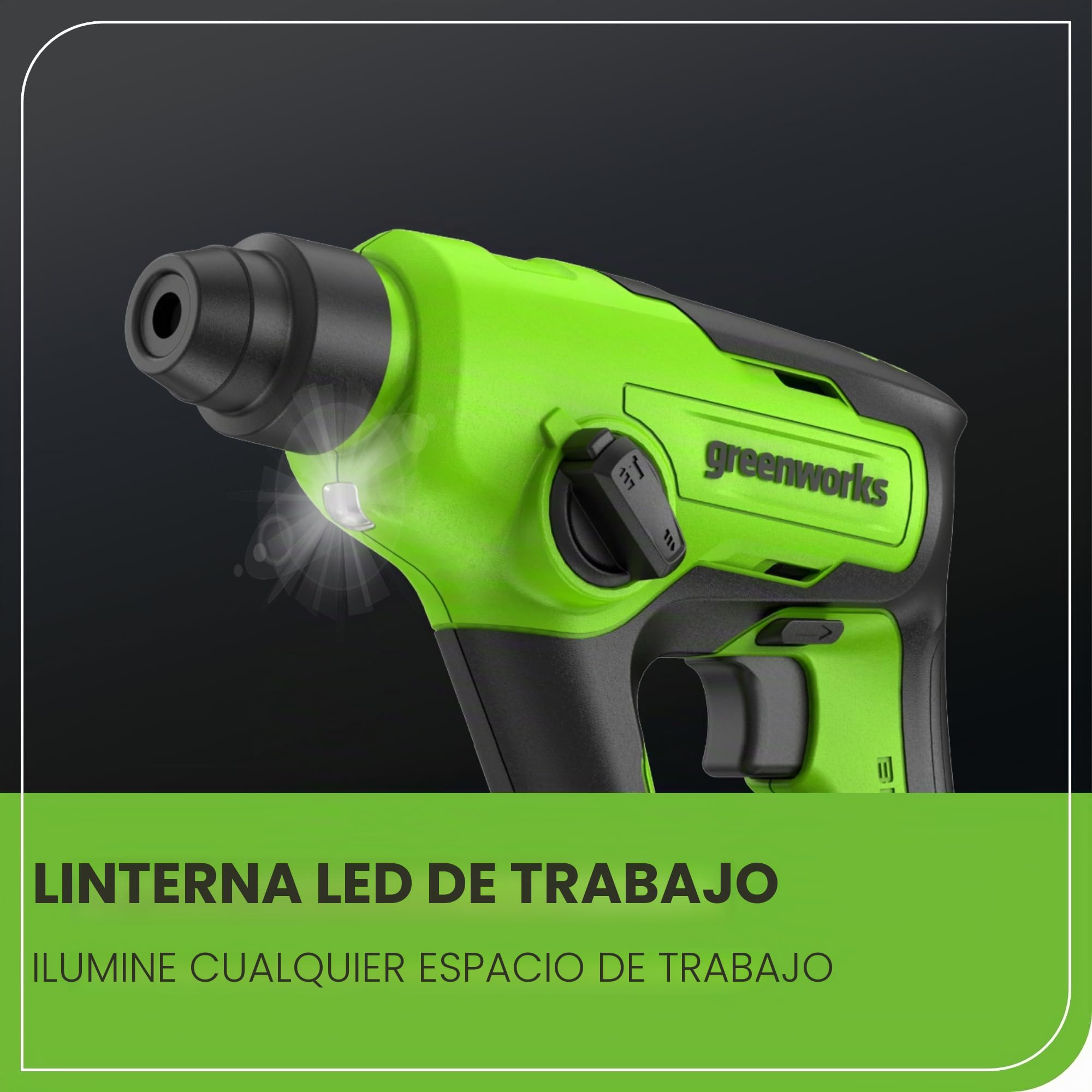 Greenworks taladro percutor a batería 1.2J, martillo perforador SDS plus por tabiques y hormigón, 24V brushless, taladro y percutor dos modos, velocidad ajustable, con batería de 2Ah y cargador