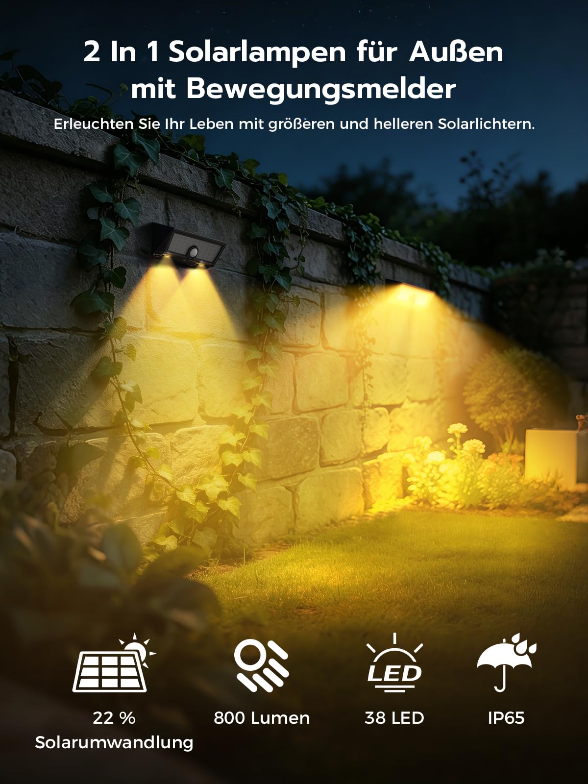 Smiling Shark WL-06L Solarlampen Außen mit Bewegungsmelder, Doppelfunktion LED Wandleuchte Solar Außen 4 Modi IP65 Wasserdichte Superhelle Solarleuchte Warmweiß für Garten Terrasse Garage 4 Stück