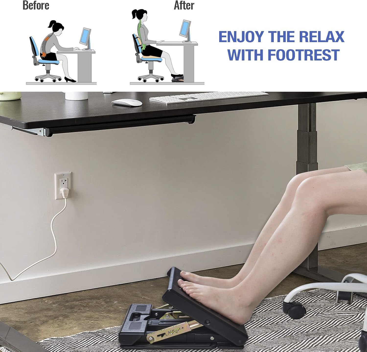 Reposapiés para debajo del escritorio en el trabajo, 4 niveles de altura ajustable, reposapiés plegable ergonómico para oficina, juegos, computadora, reposapiés de escritorio suave y