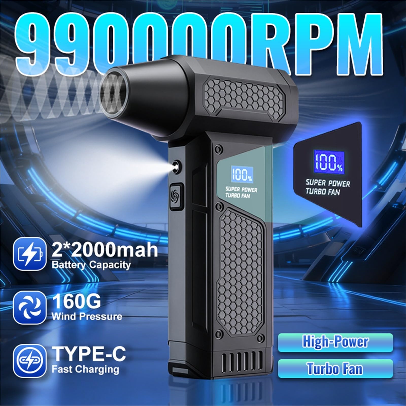 Motor calefactor coche Soplador de aire M5 990000RPM, soplador Turbo ajustable 4 engranajes, plumero comprimido con kit aspiradora