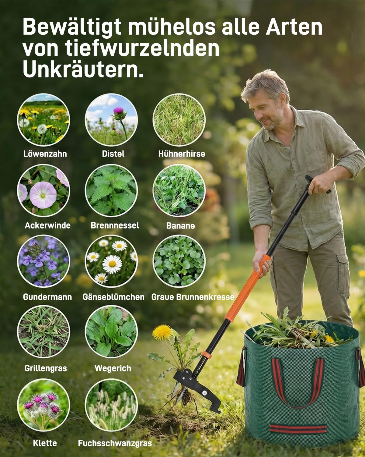 HAUSPROFI Teleskop-Unkrautstecher mit langem Stiel (91-118cm), 50L Gartensack, Unkrautentferner mit 4 Edelstahlkrallen für effizientes Entfernen von Unkraut, Automatischer Rücksprungmechanismus