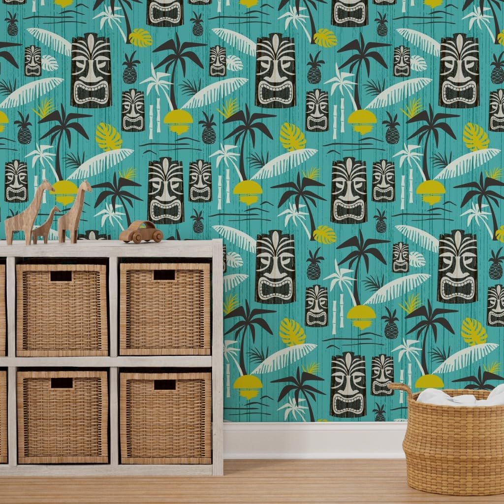 Peel & Stick Wallpaper 9ft x 2ft - Midcentury Modern Tiki Kitsch Aqua Vintage Retro Style Beach Tropical Custom Removable Wallpaper by Spoonflower