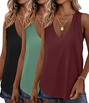 KKJ 3 Pack Womens Tank Tops Workout Summer Vacation Outfits V Neck Loose Sleeveless Blouse Casual Shirts Fall Fashion Clothes