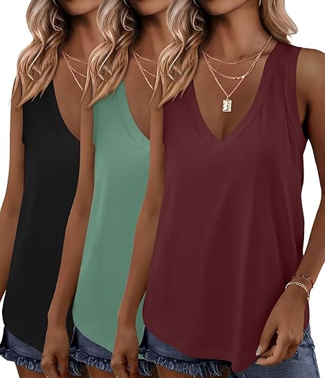KKJ 3 Pack Womens Tank Tops Workout Summer Vacation Outfits V Neck Loose Sleeveless Blouse Casual Shirts Fall Fashion Clothes